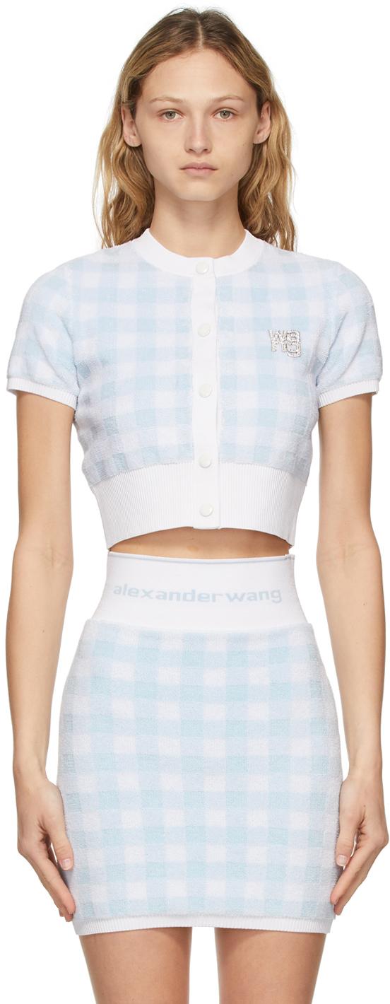 T By Alexander Wang Blue & White Cropped Gingham Cardigan | Lyst