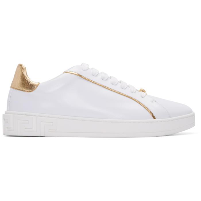 Versace White & Gold Leather Sneakers for Men | Lyst
