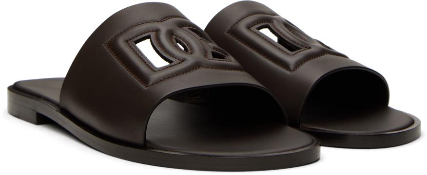 Dolce & Gabbana メンズ ブラック ブラウン エンボスロゴ スライド 