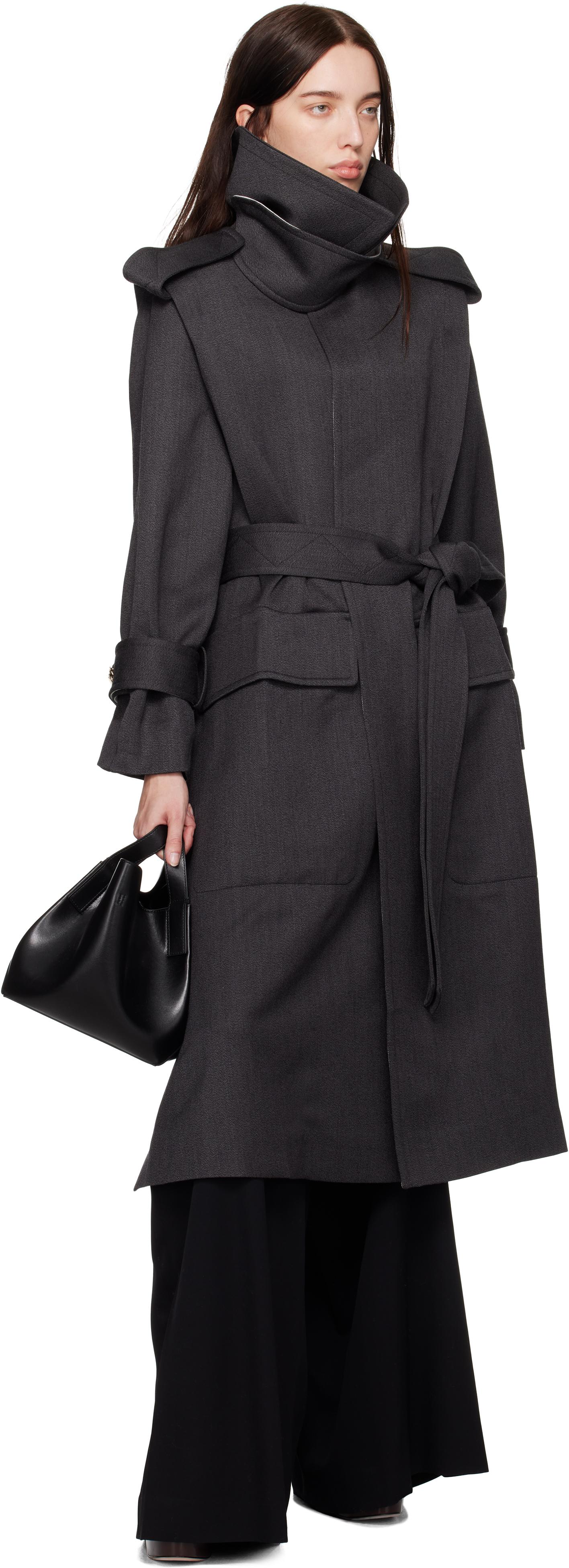 High-Neck Belted Wool Trench Coat