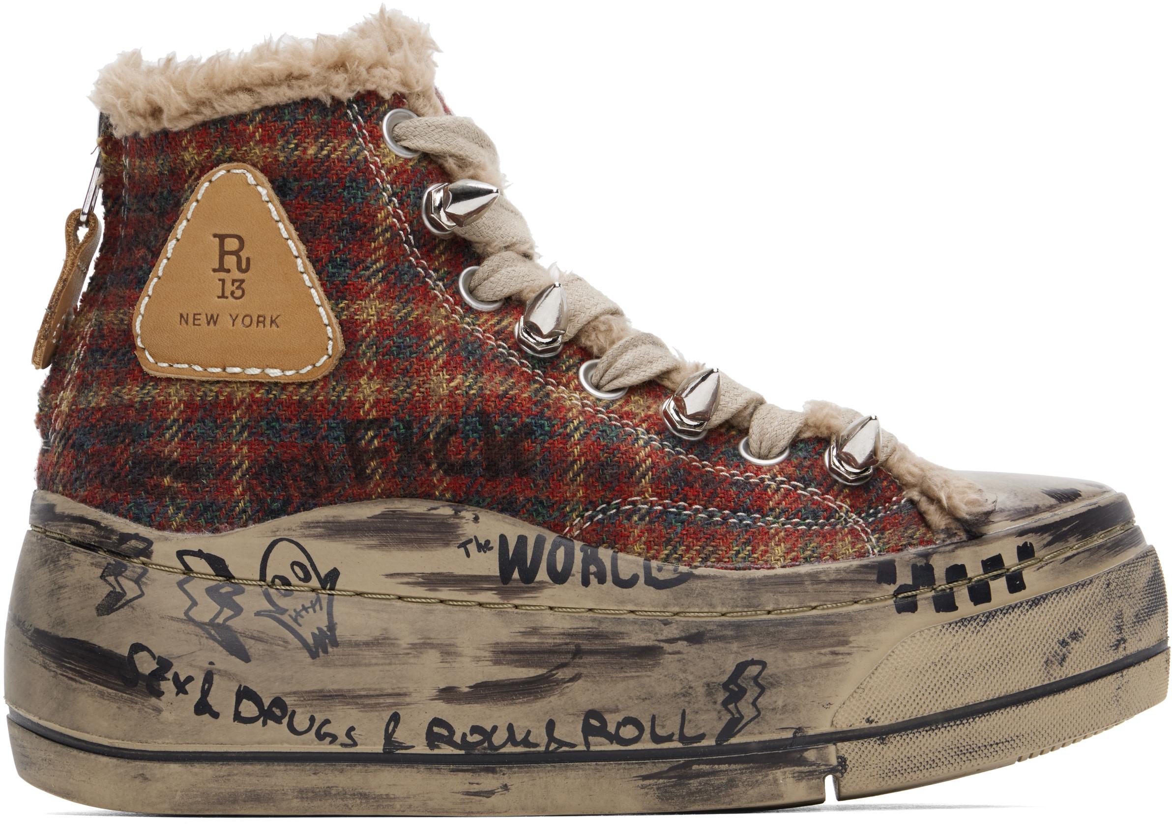トレンド R13  ハイトップスニーカー レッド チェック KURT HIGH TOP SNEAKER - RED CHECKER – R13