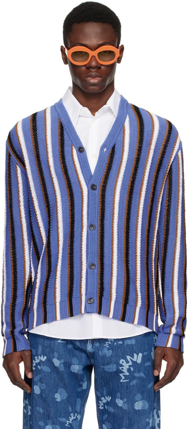 Marni メンズ ブルー&ホワイト ストライプ カーディガン セーター & ニット