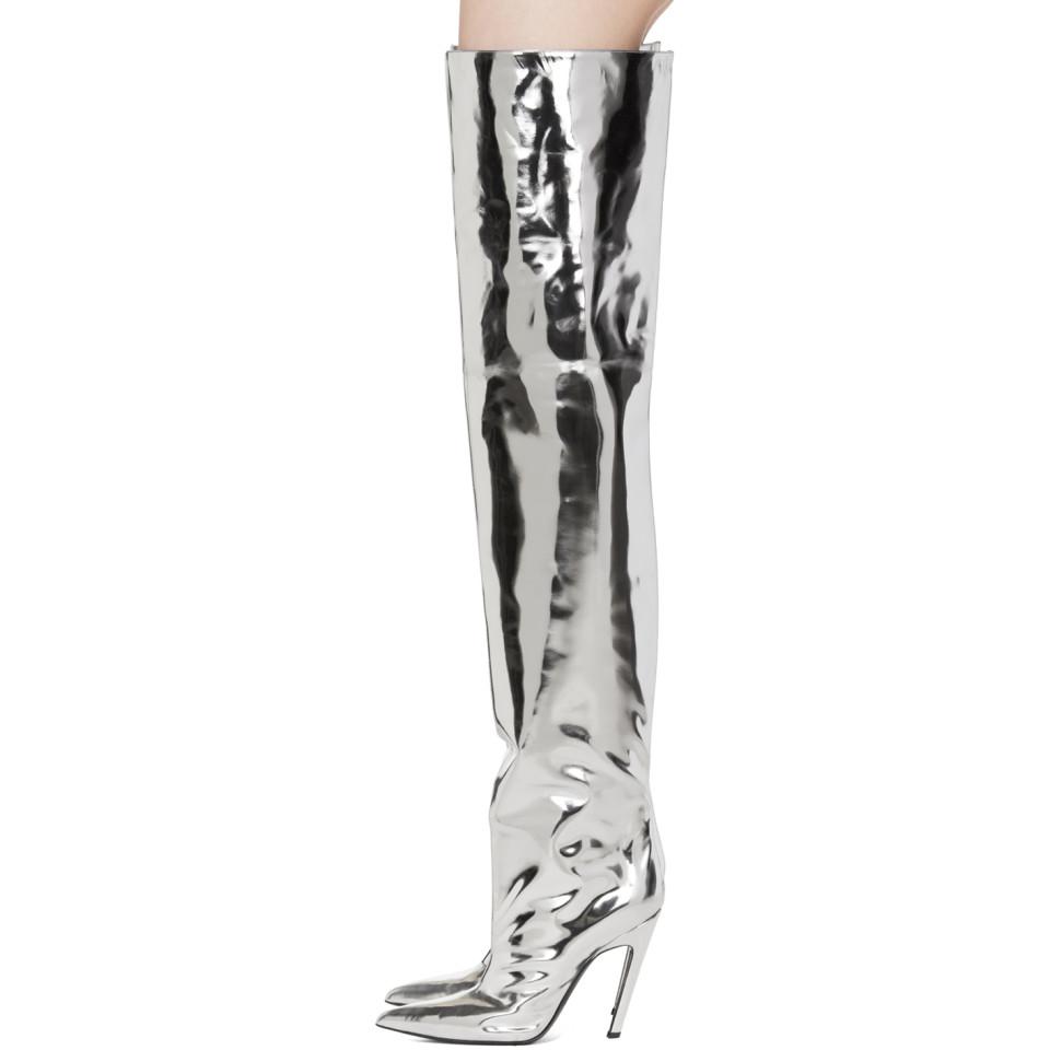Women Metallic Mirror Pointy Toe Thigh High Heel Over The Knee Boots Silver 