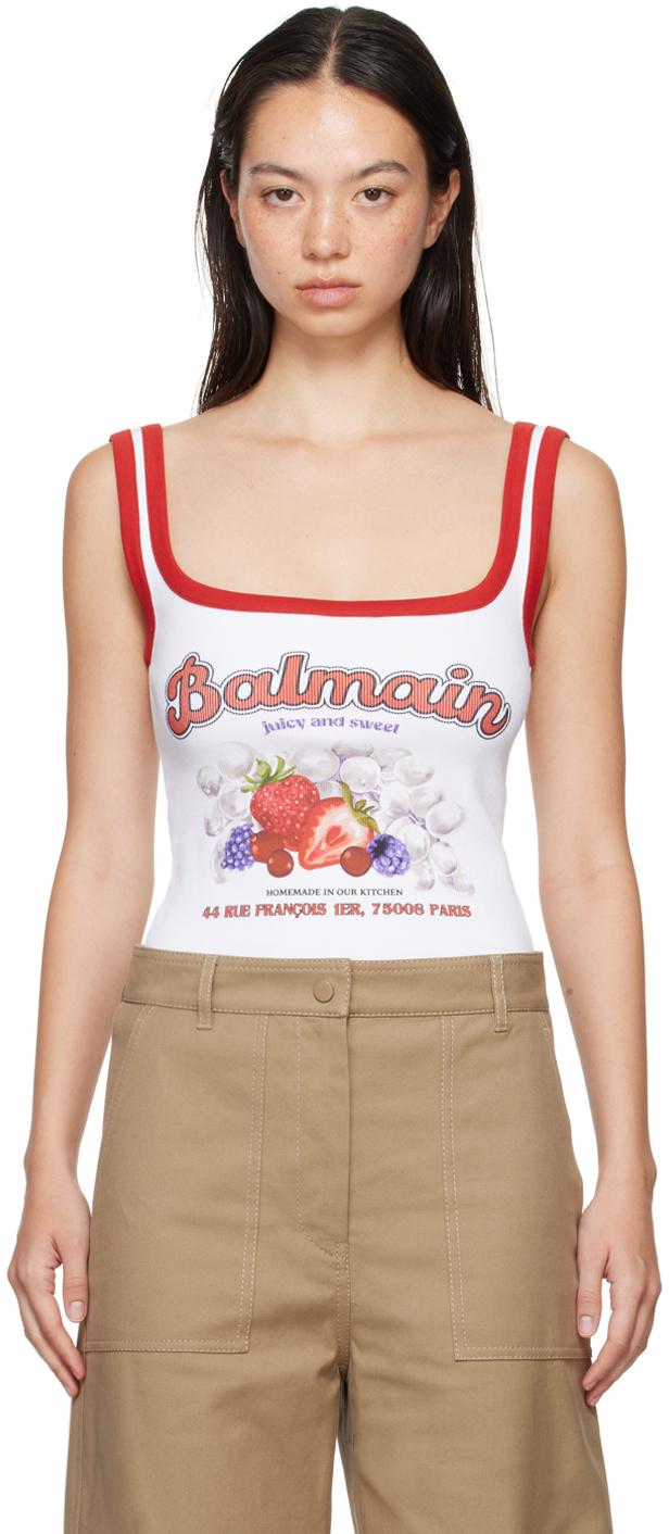 Balmain レディース ホワイト&レッド Fruit タンクトップ トップス