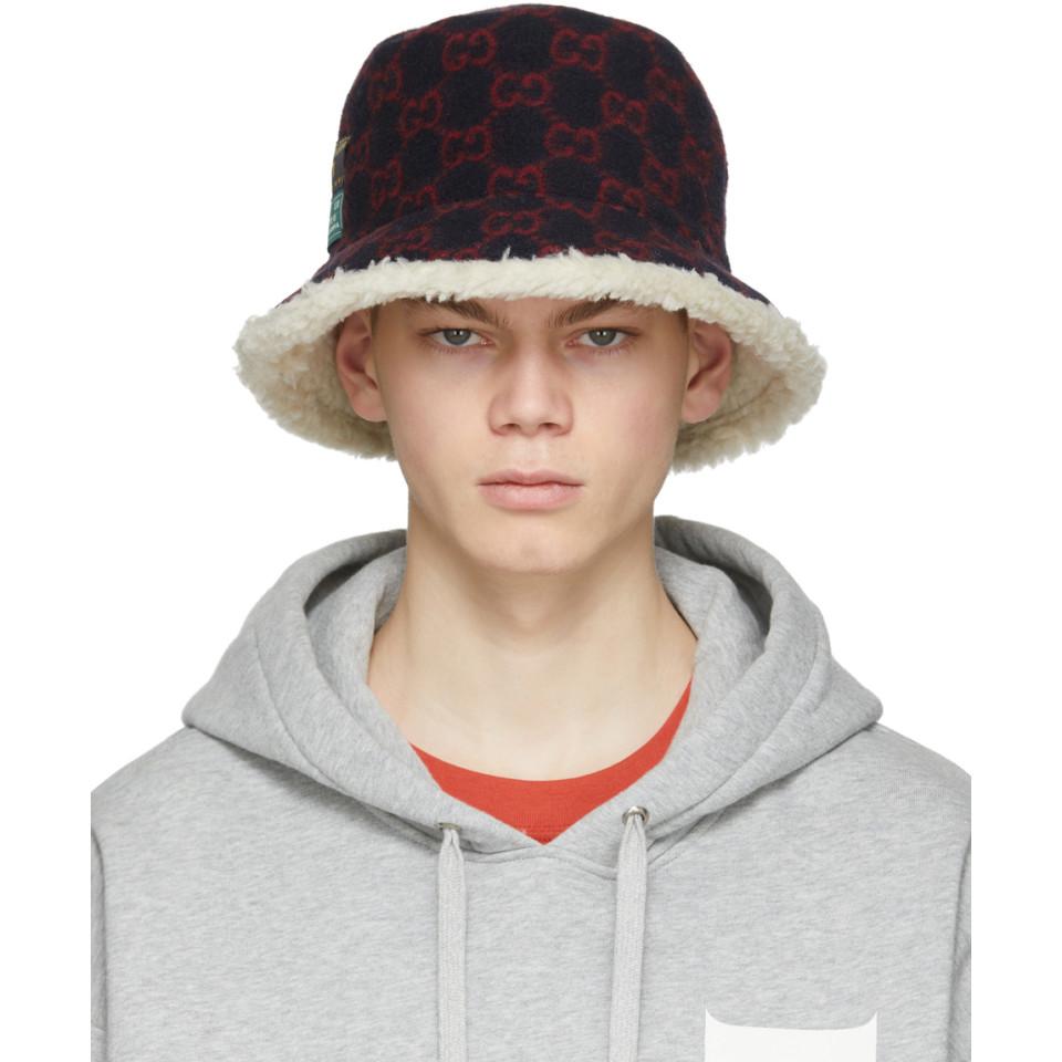 Gucci Navy And Red Wool GG Bucket Hat in Blue for Men - Lyst