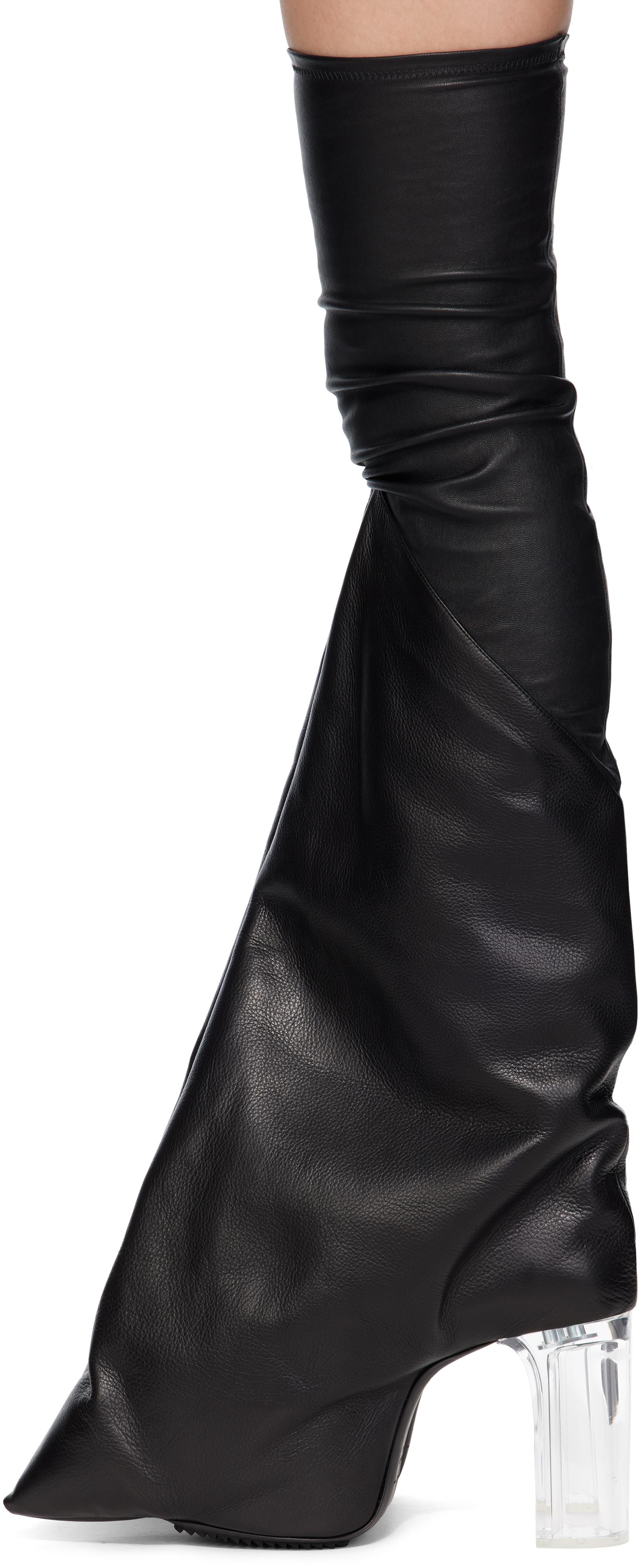 【正規品】Rick Owens ブラック フェティッシュ ロングブーツ RICK OWENS】カーゴフレアレザーニーハイブーツ (RICK OWENS
