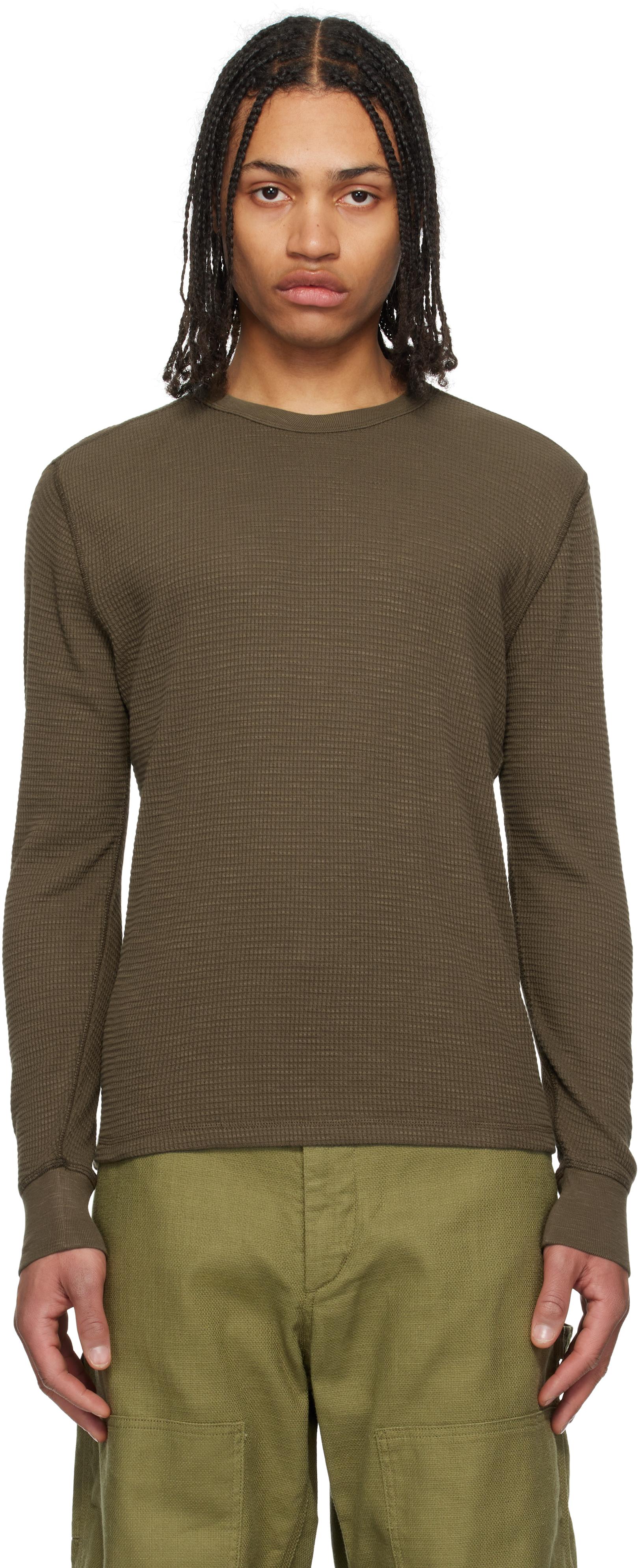 RRL Khaki Garment-Dyed Waffle-Knit Crewneck Sweatshirt for Men 