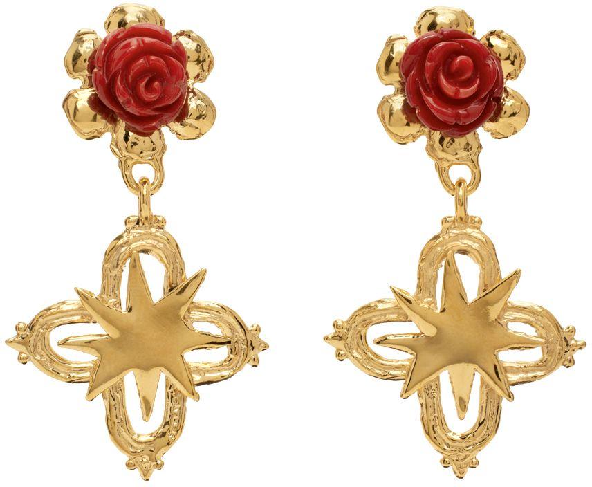 Mondo Mondo Gold & Red Rose Cross Earrings in Metallic | Lyst