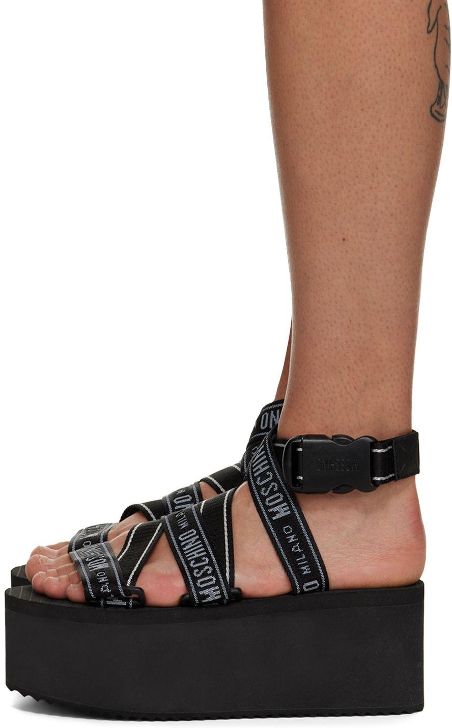 Moschino Black Logo Tape Wedge Sandals in Brown | Lyst
