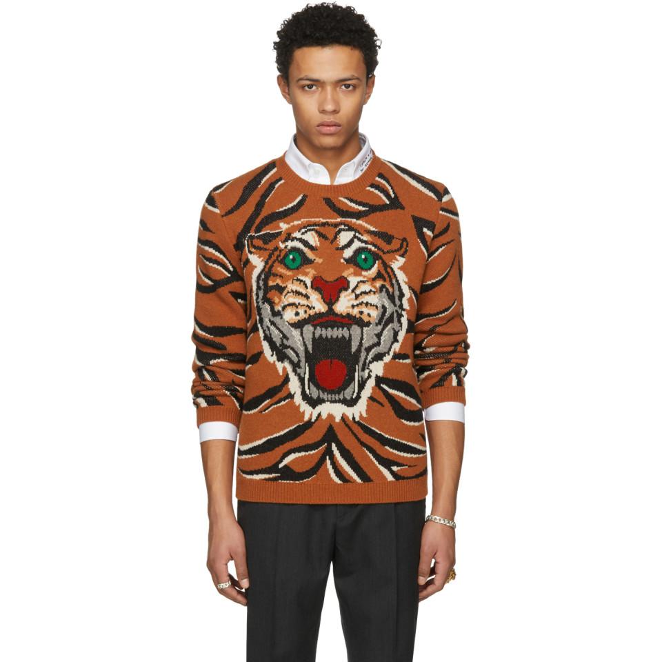 Gucci Wool Orange Guccy Tiger Intarsia Sweater for Men - Lyst