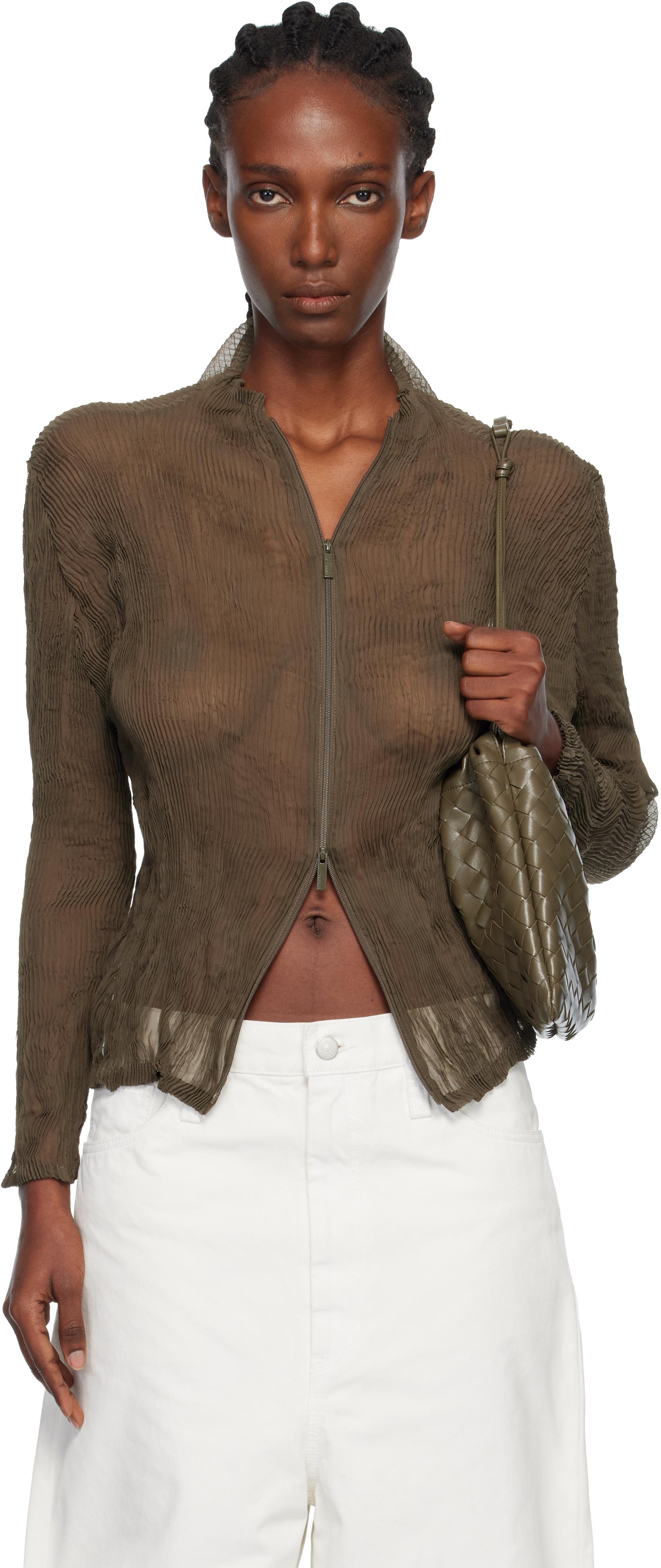 Issey Miyake Khaki Chiffon Twist Cardigan in Brown | Lyst