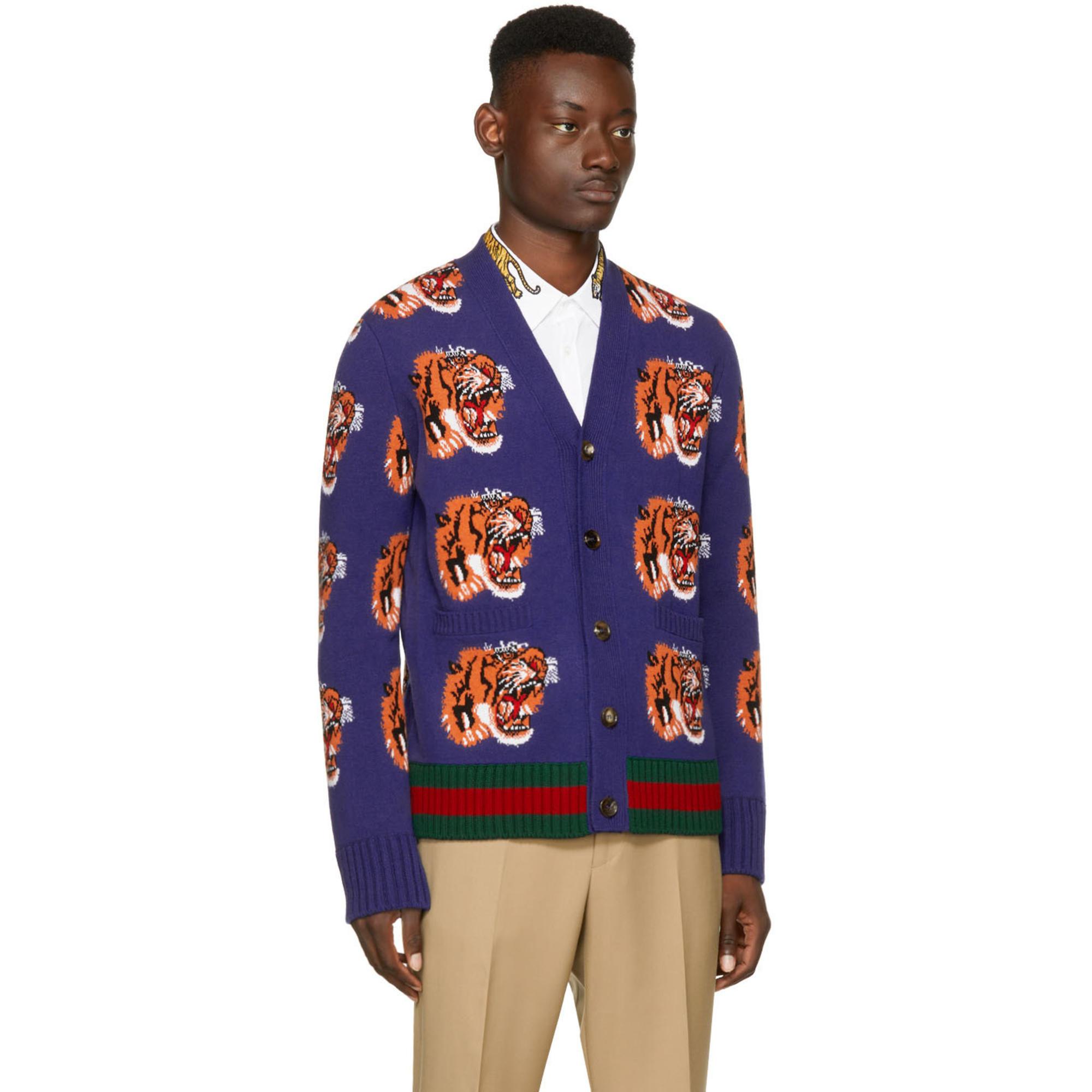 Gucci Tiger Jacquard Wool Cardigan in Blue for Men | Lyst Canada