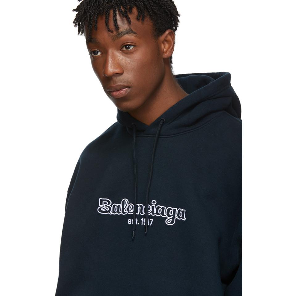 Balenciaga Cotton Navy Est. 1917 Back Pulled Hoodie in Blue for Men | Lyst