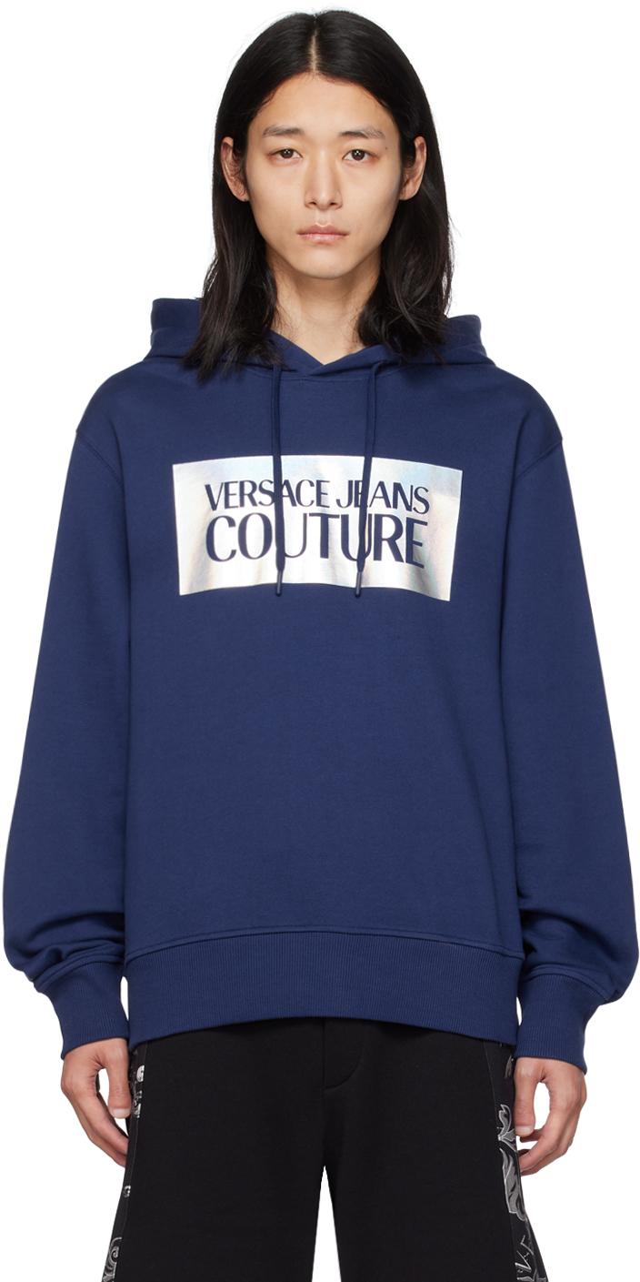 Versace Jeans Couture メンズ ブルー ネイビー ロゴプリント フーディ 