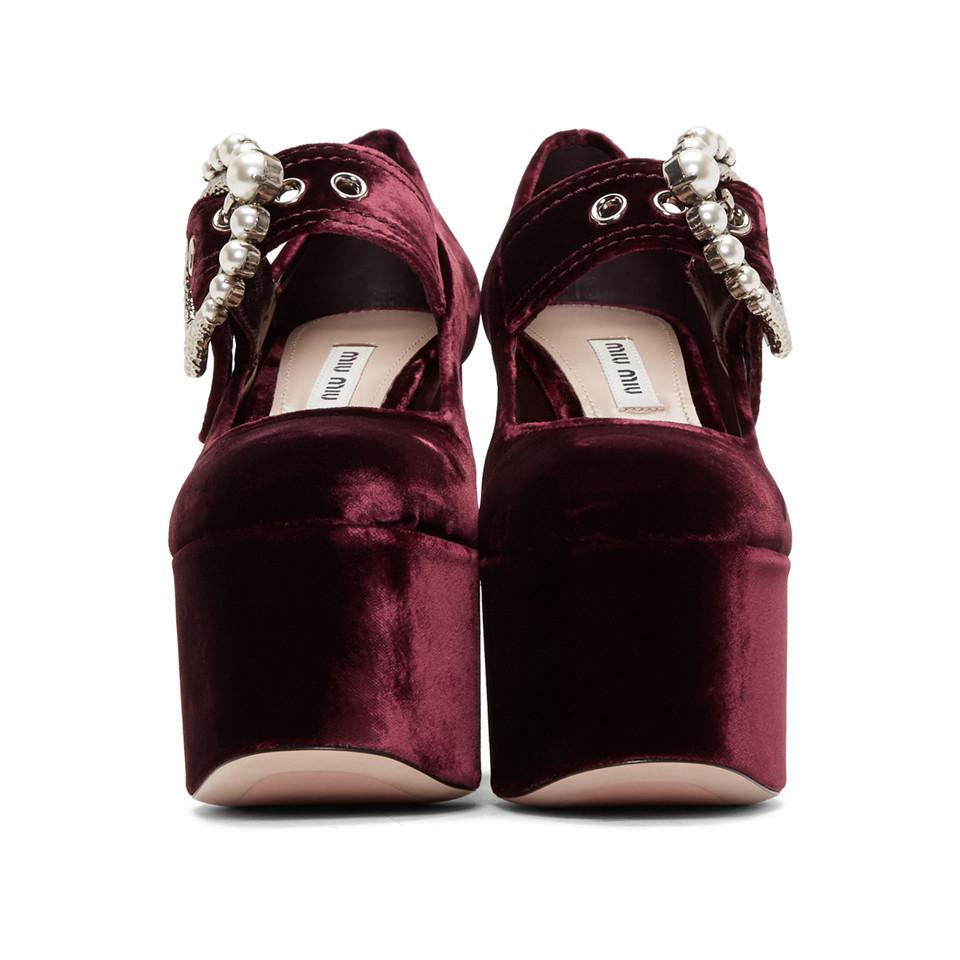 Miu Miu Burgundy Velvet Platform Mary Jane Heels - Lyst