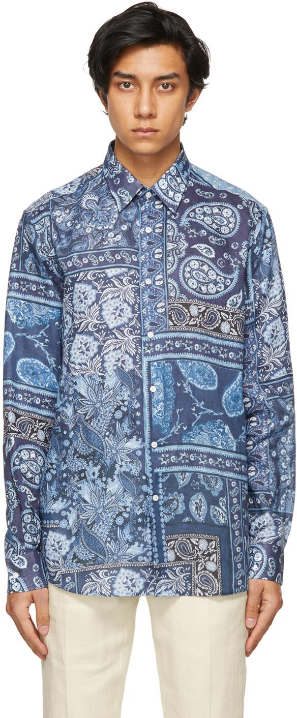Blue Linen Paisley Patchwork Shirt 