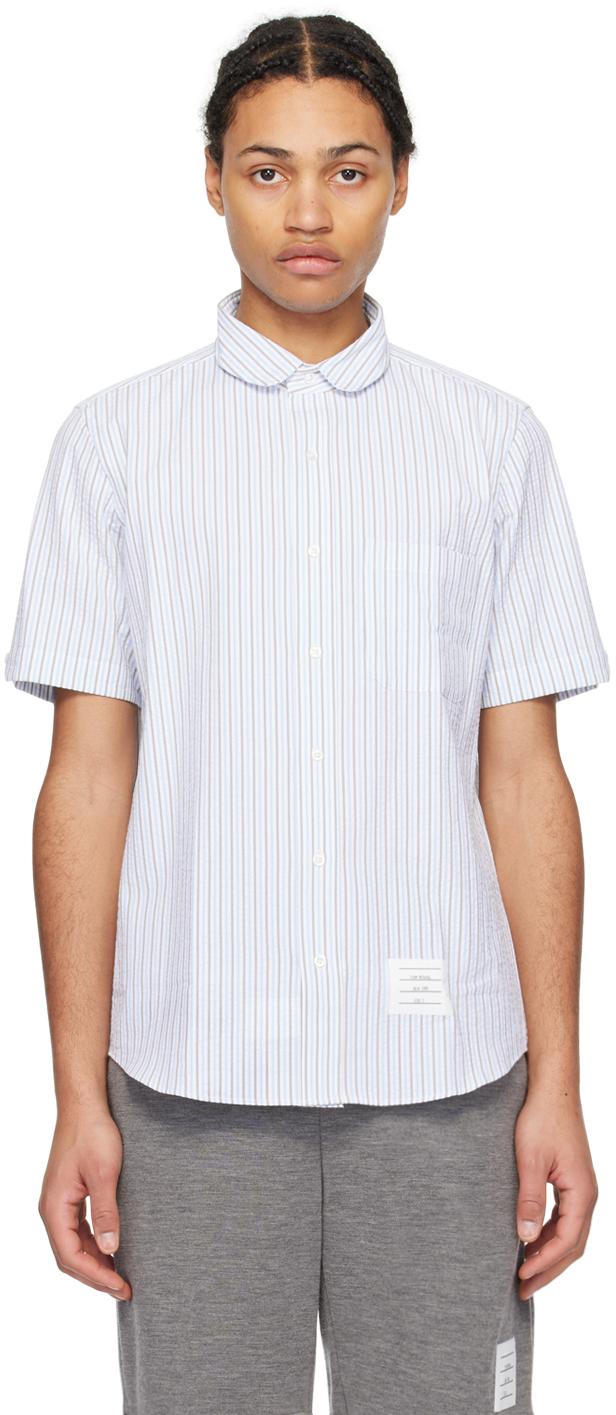 Thom Browne メンズ ホワイト Thom E ブルー ストライプ シャツ Thom Browne メンズ ホワイト Thom E ブルー ストライプ シャツ