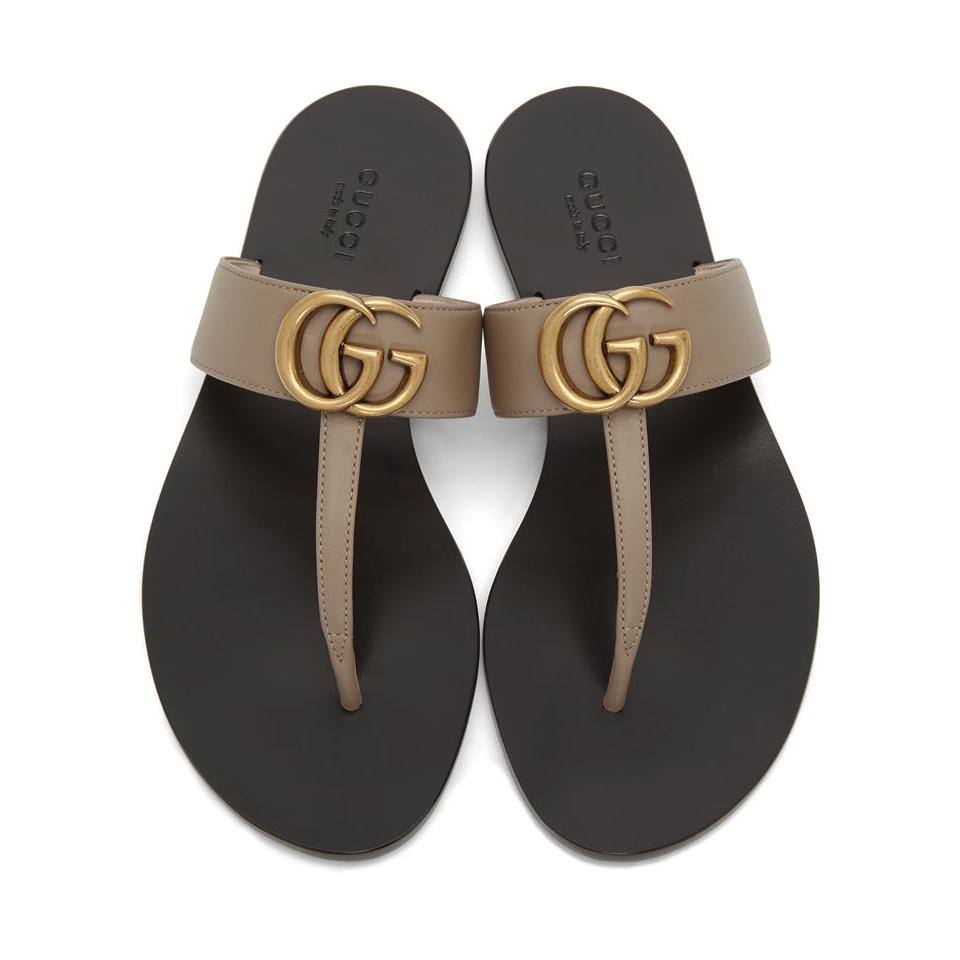 Gucci Taupe Marmont Flat Sandals | Lyst