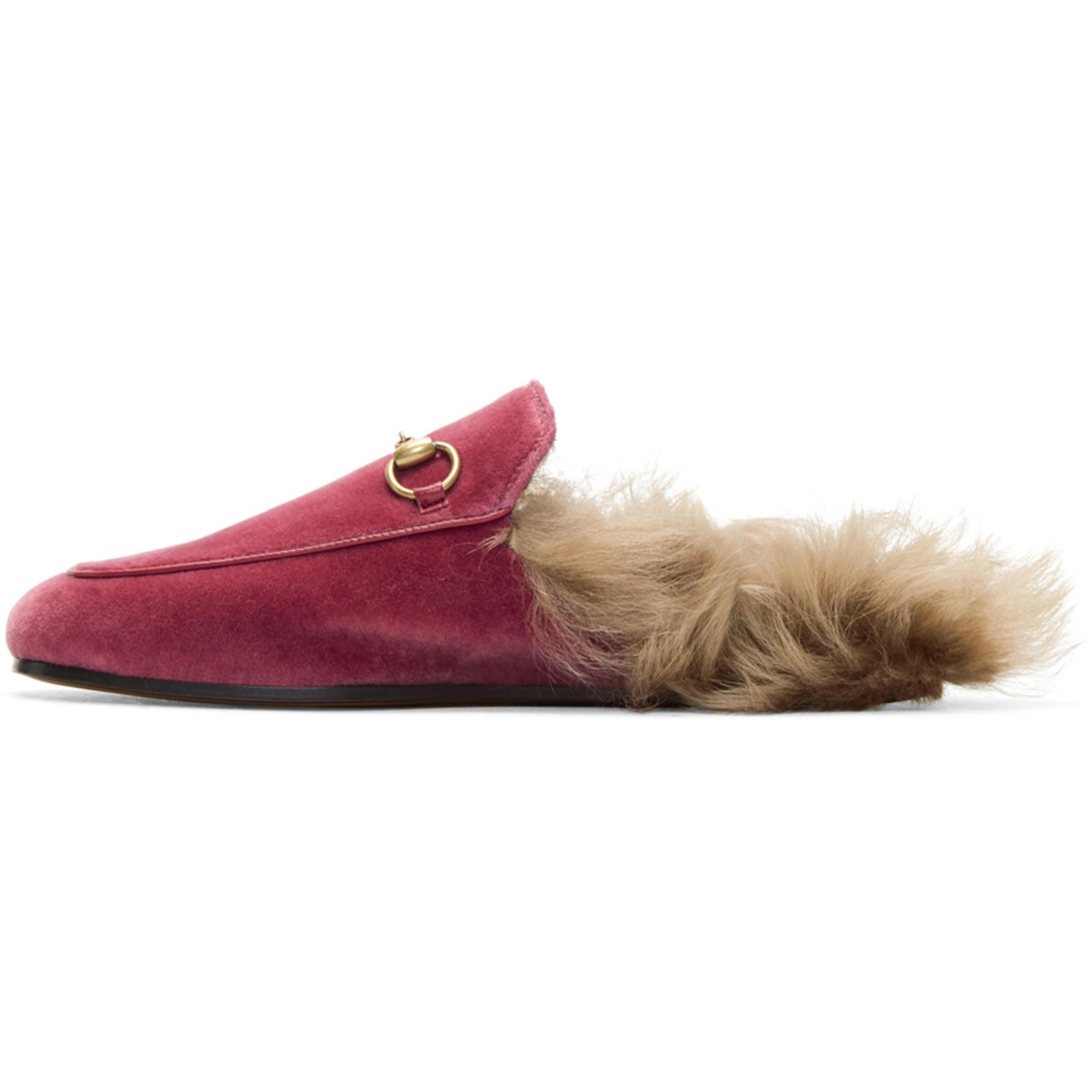 pink gucci fur slides