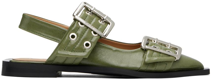 Ganni レディース ブラック カーキ Feminine Buckle フラットシューズ 