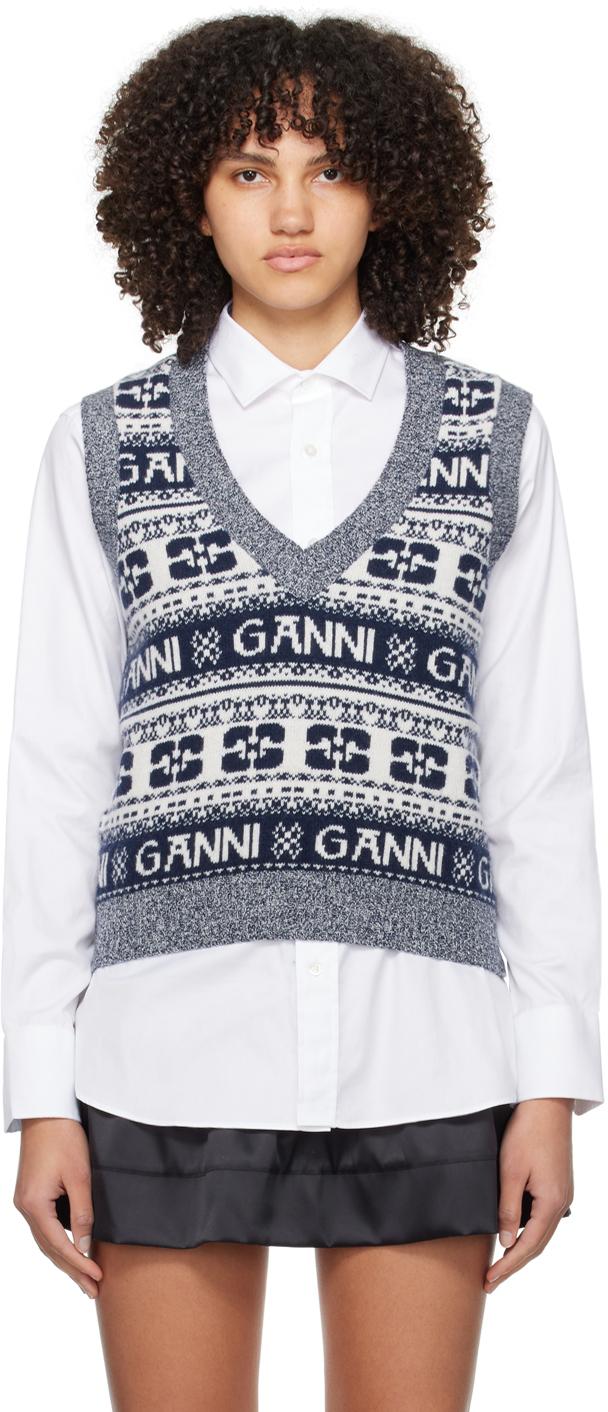 Ganni レディース ホワイト&ネイビー ジャカード ベスト ジャケット
