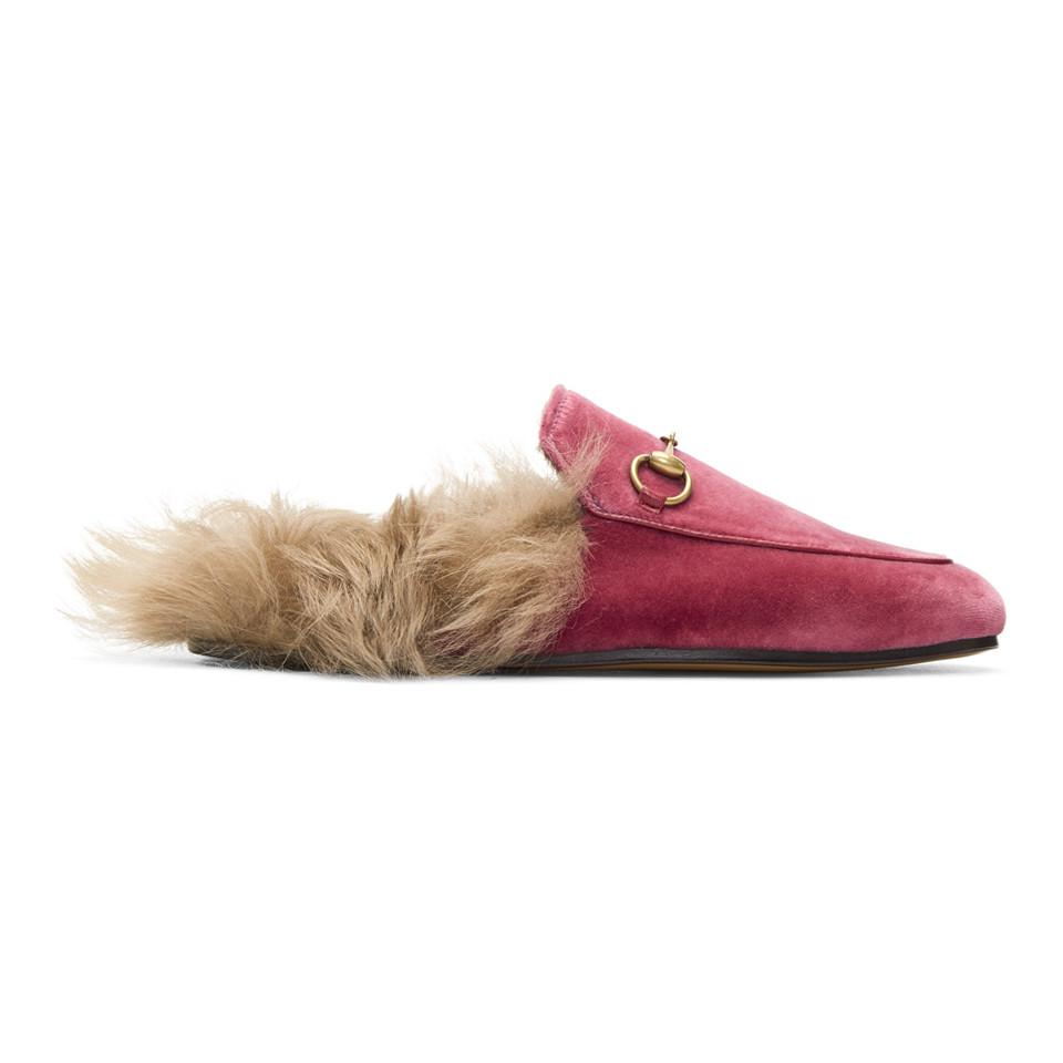 Gucci Pink Velvet & Fur Princetown Slippers - Lyst