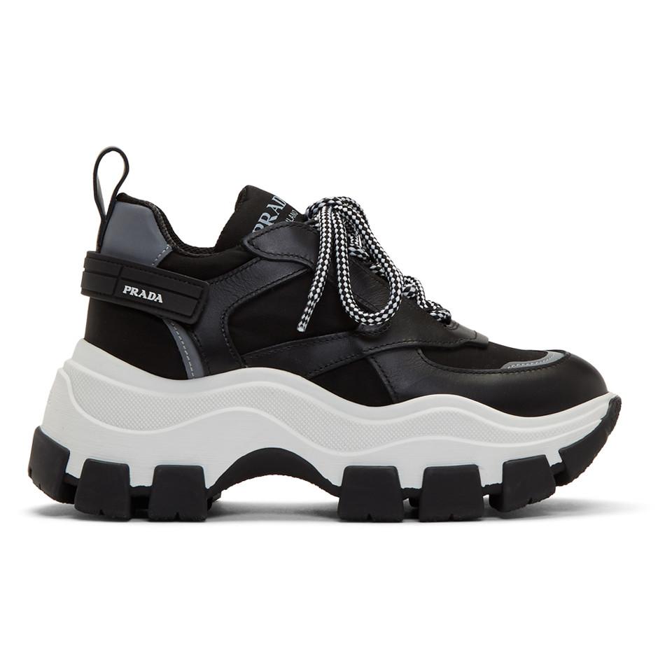Prada Leather Big Sole Sneaker Black/white | Lyst