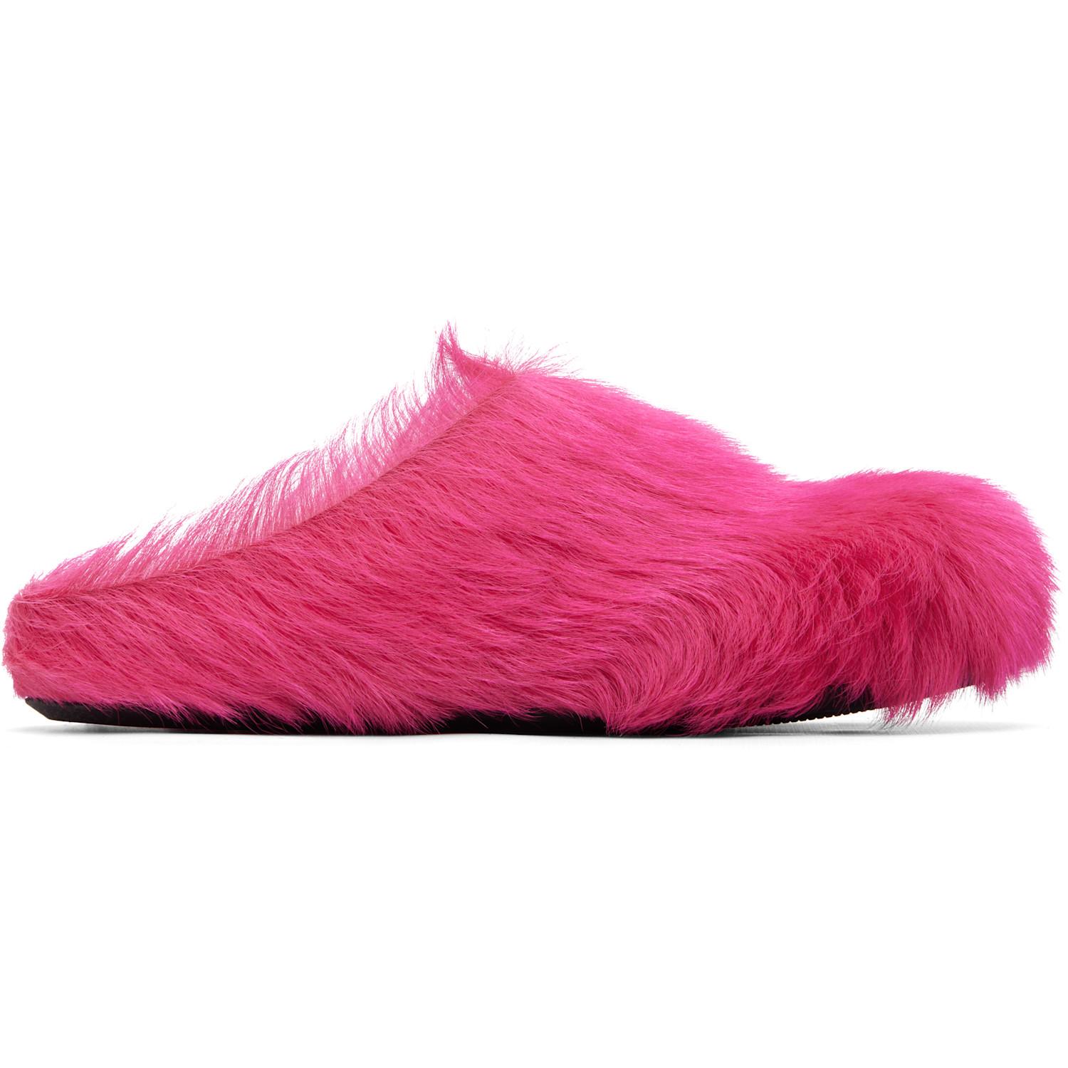 Marni Bright Fuchsia Faux Fur Slip-On Loafers Fuchsia long-hair calfskin Fussbett sabot | Marni main image 4