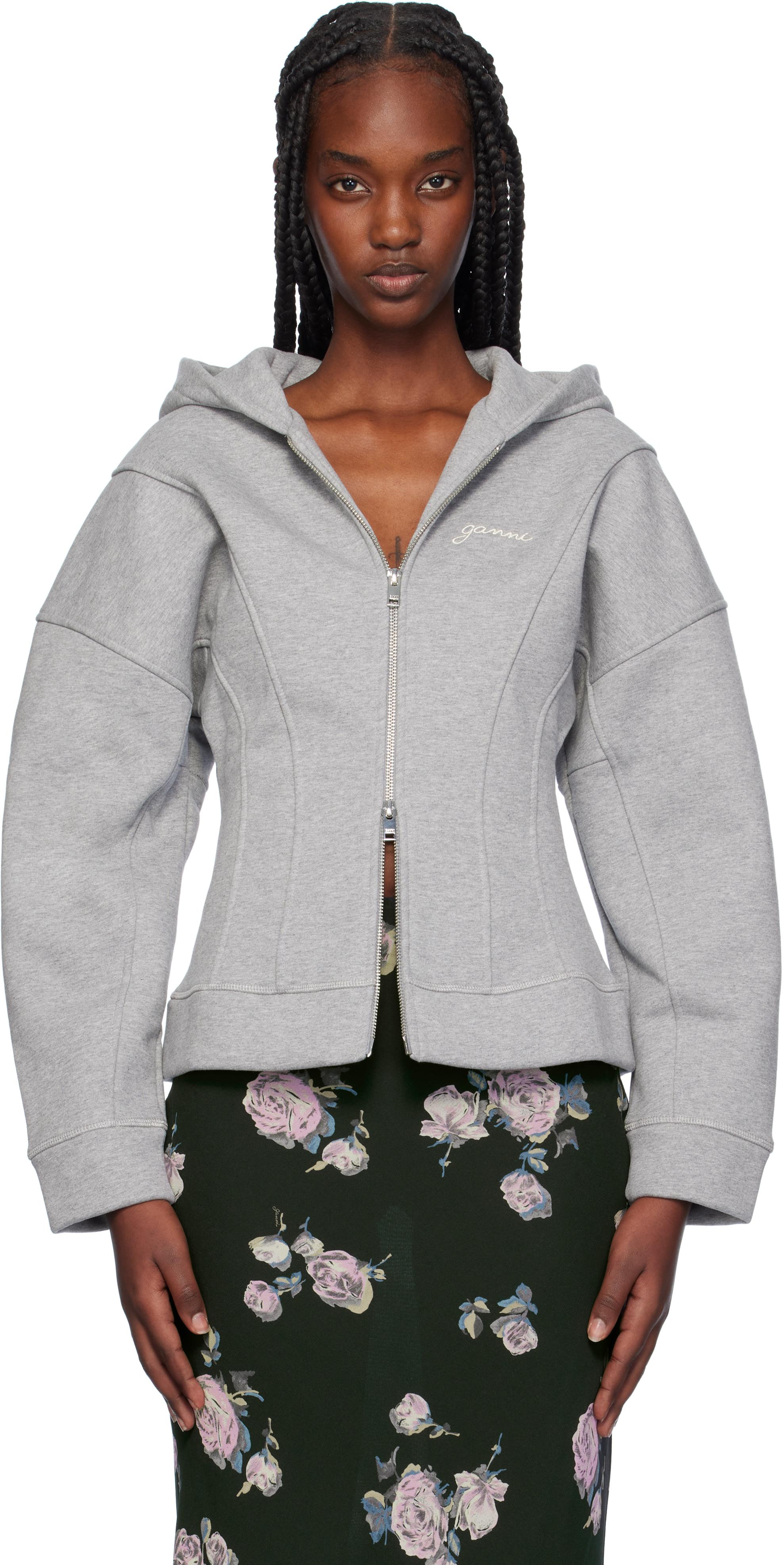 Ganni Fleece Zip Hoodie in Gray | Lyst