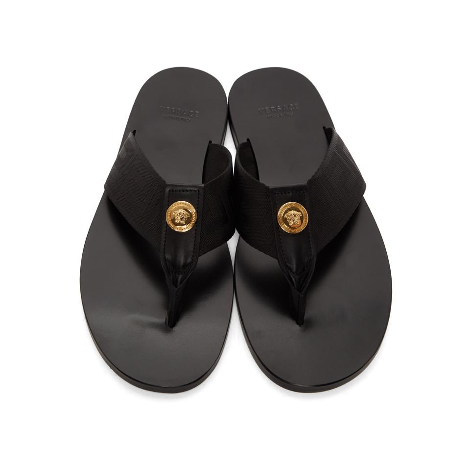 Versace Leather Black Greca Sandals for Men - Lyst