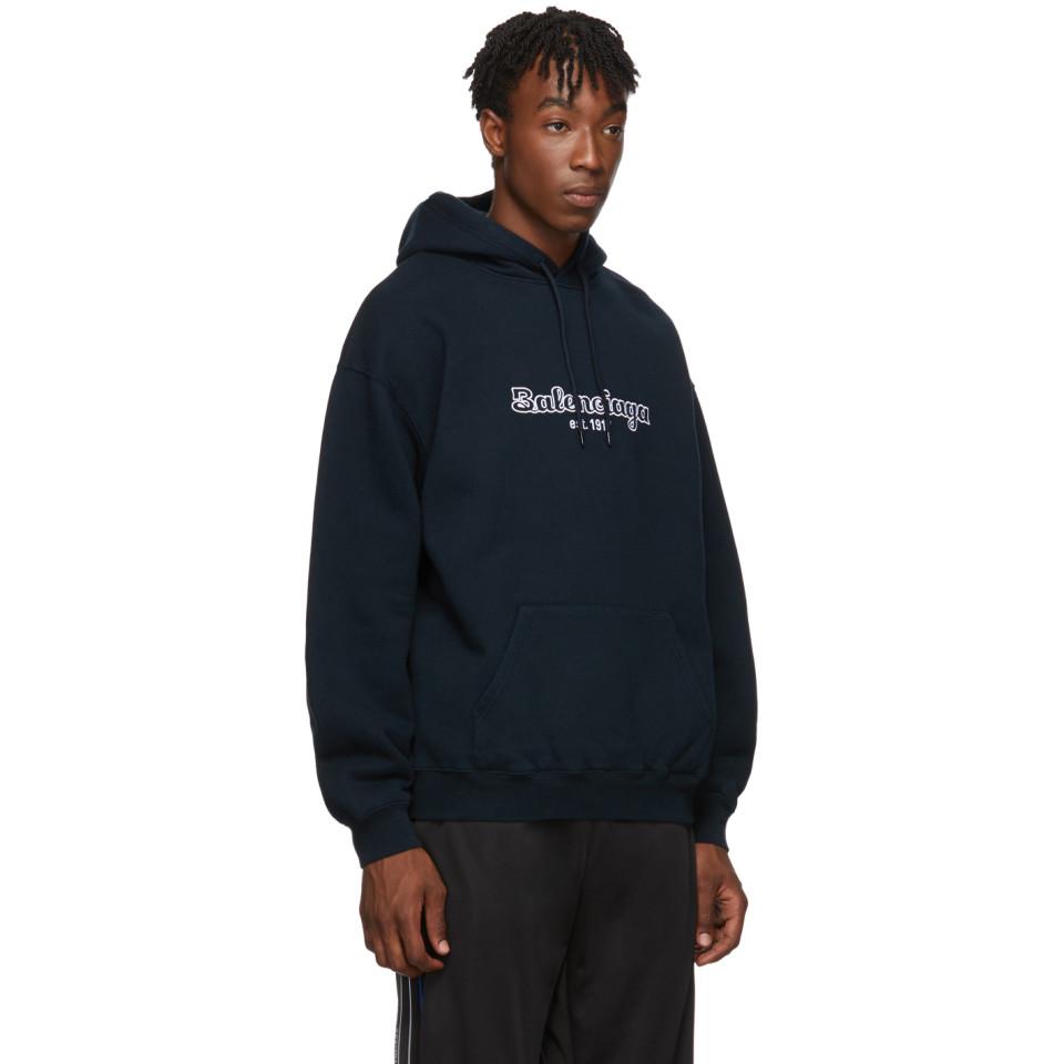 Balenciaga Cotton Navy Est. 1917 Back Pulled Hoodie in Blue for Men | Lyst