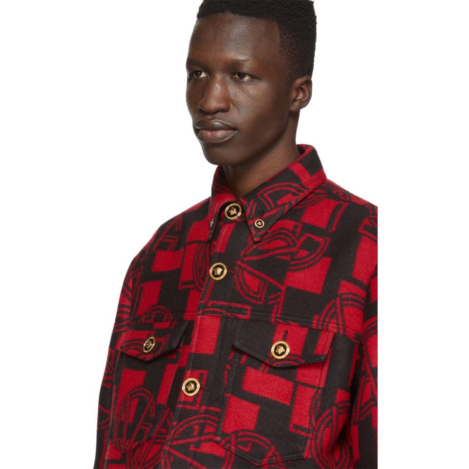 Versace Logo Pattern Button-down Shirt in Red for Men | Lyst