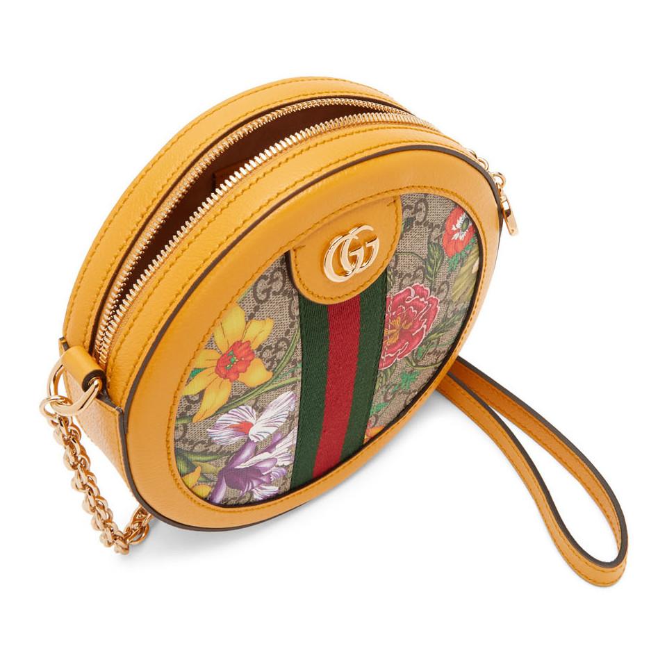 Gucci Leather Yellow And Multicolor Mini Round Ophidia Bag - Lyst