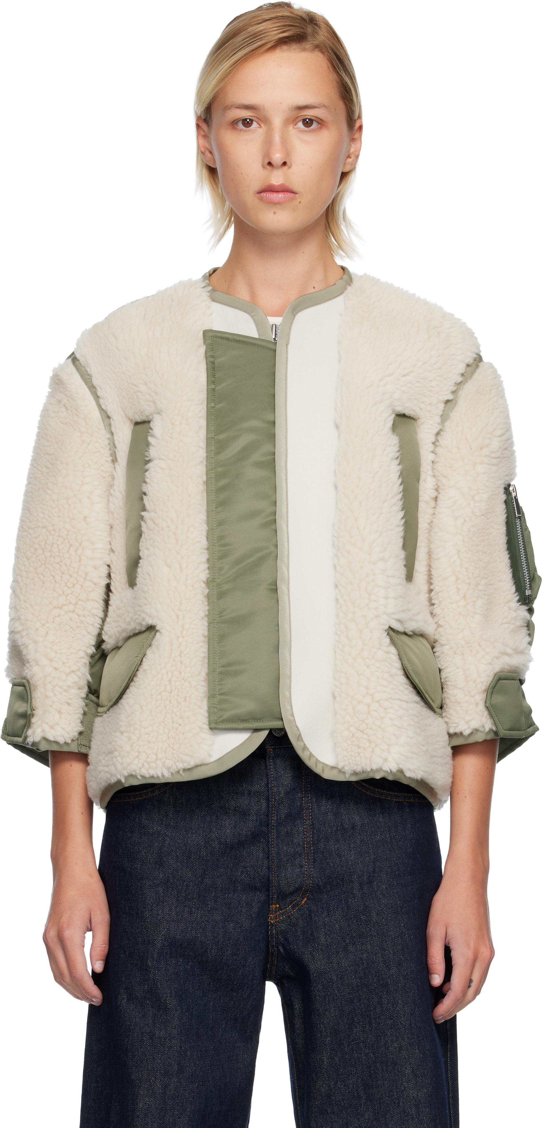 Sacai Khaki Faux-Shearling & Nylon Twill Jacket in Natural | Lyst UK