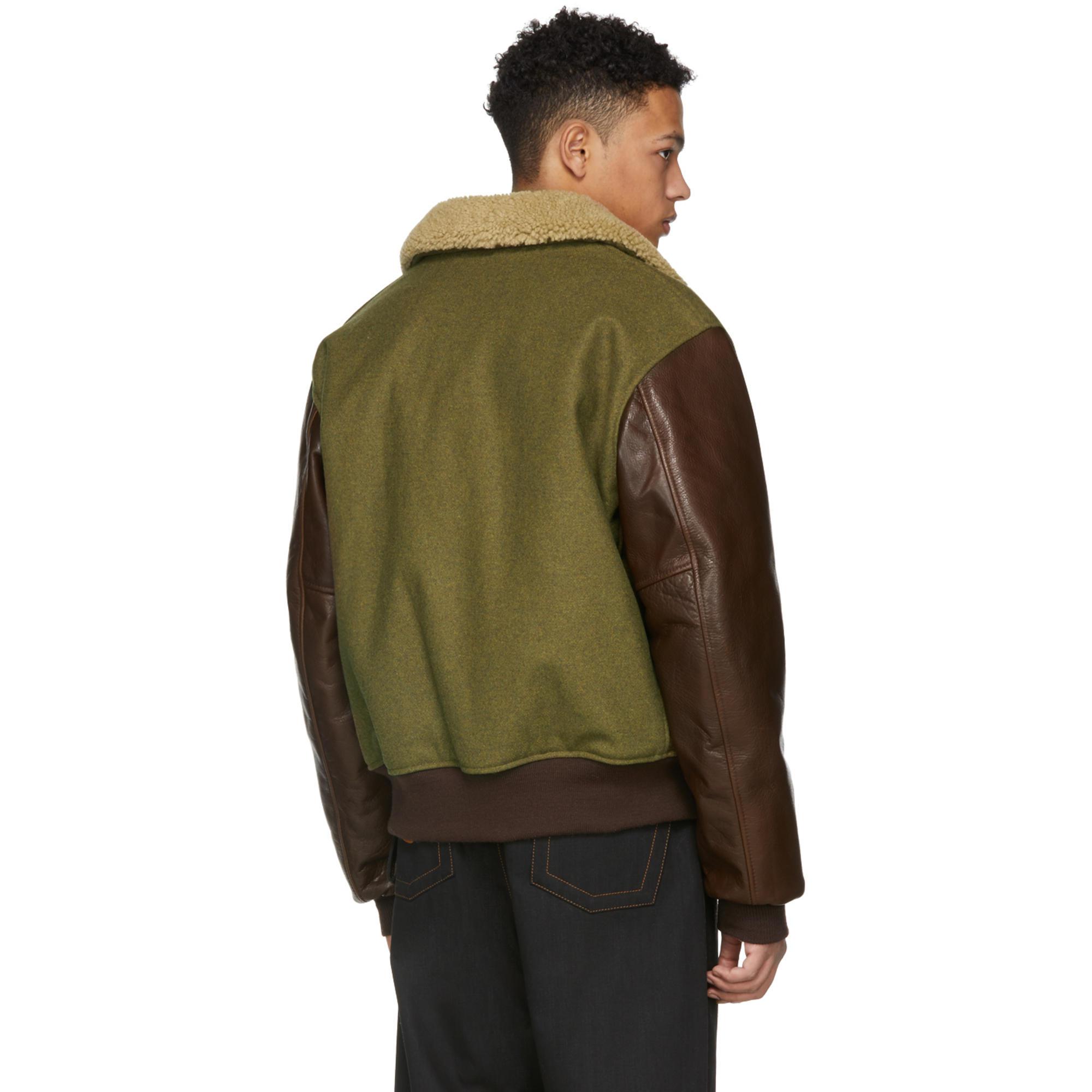 Schott Nyc Green And Brown Wool Leather Jacket For Men