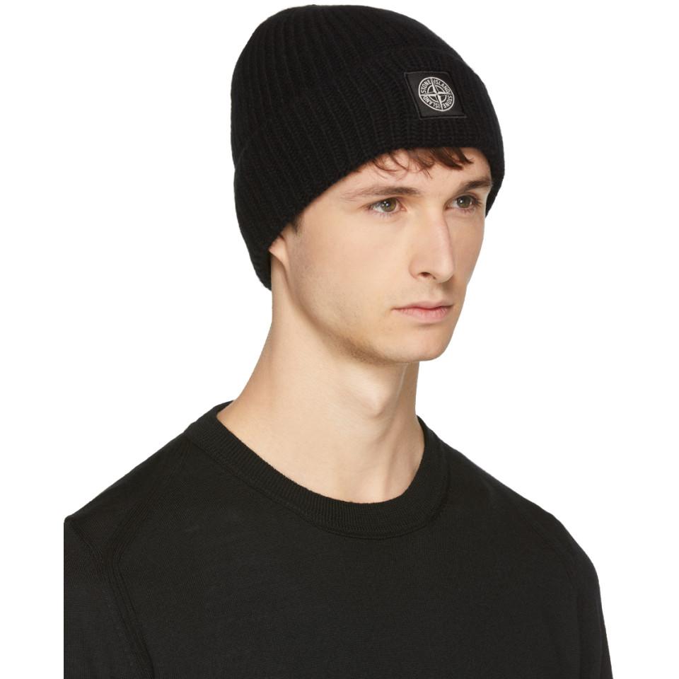 Stone Island Wool Black Logo Beanie for 