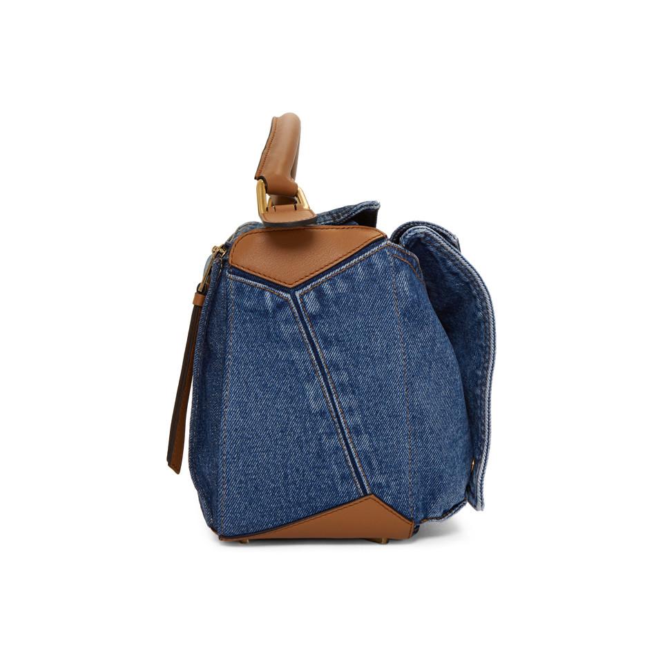 Loewe Tan And Blue Medium Denim Puzzle Pockets Bag | Lyst