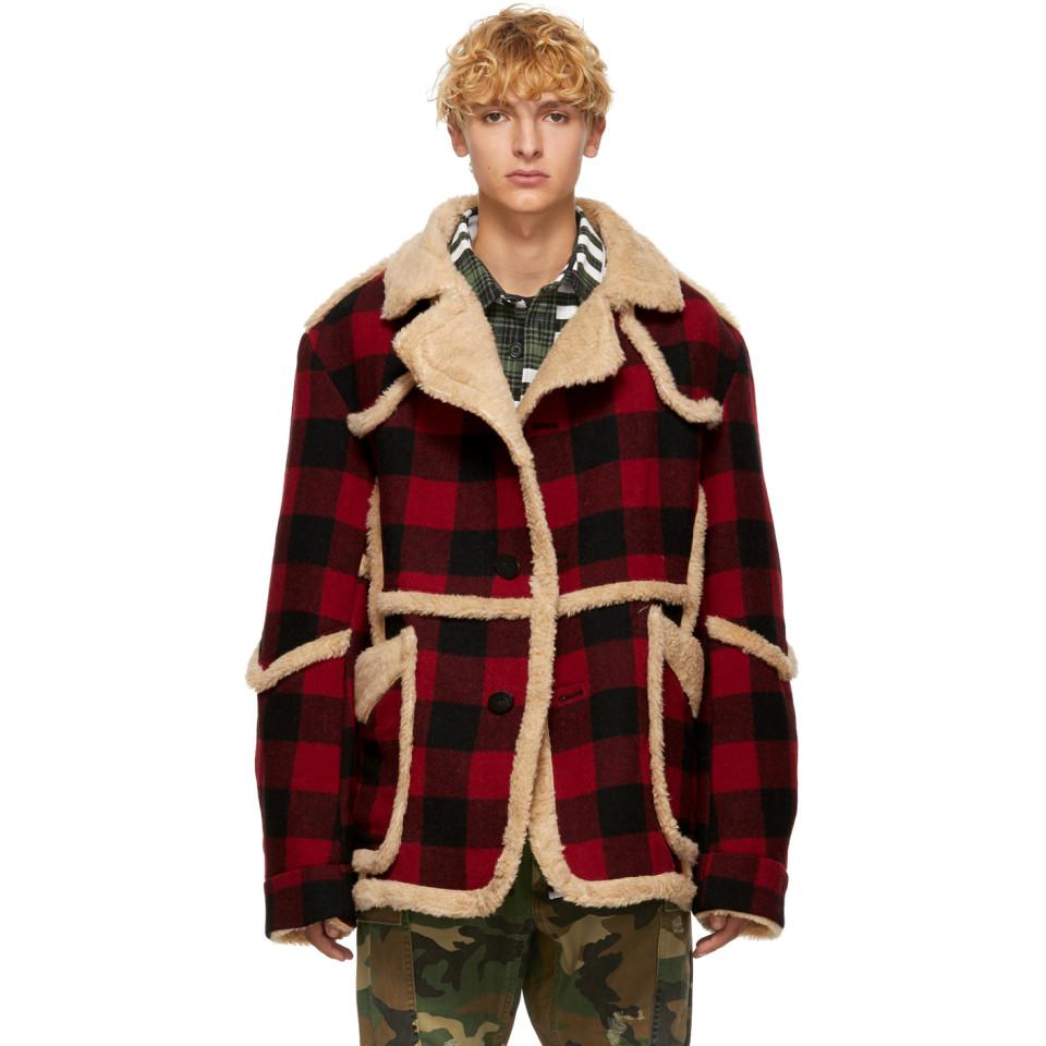 red plaid shearling jacket
