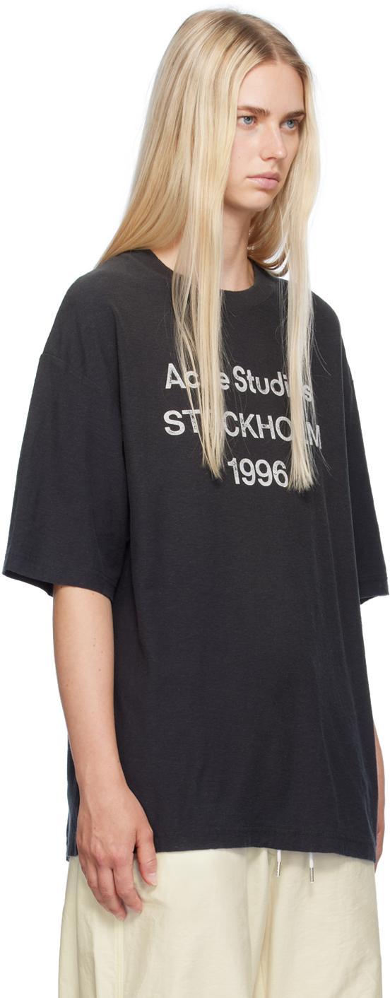 Acne Studios レディース ブラック ロゴプリント Tシャツ トップス Acne Studios レディース ブラック ロゴプリント Tシャツ トップス