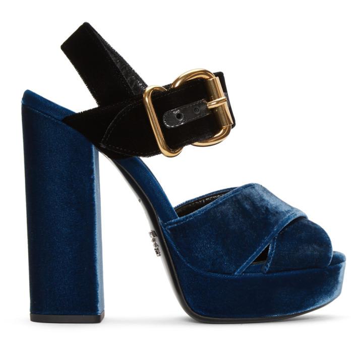 Prada Blue u0026 Black Velvet Platform Sandals | Lyst