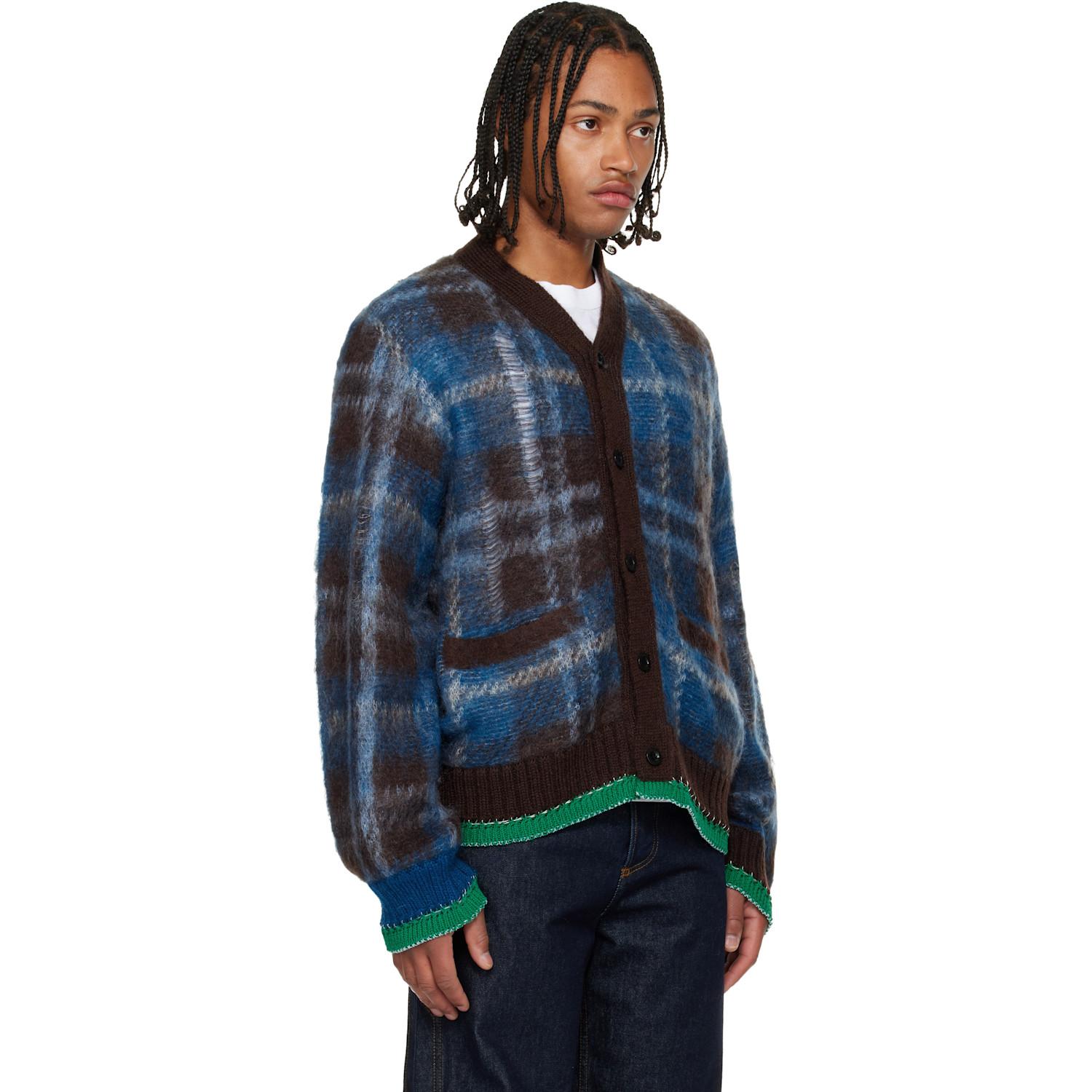 Sacai Plaid Mohair Knit Cardigan in Blue for Men | Lyst