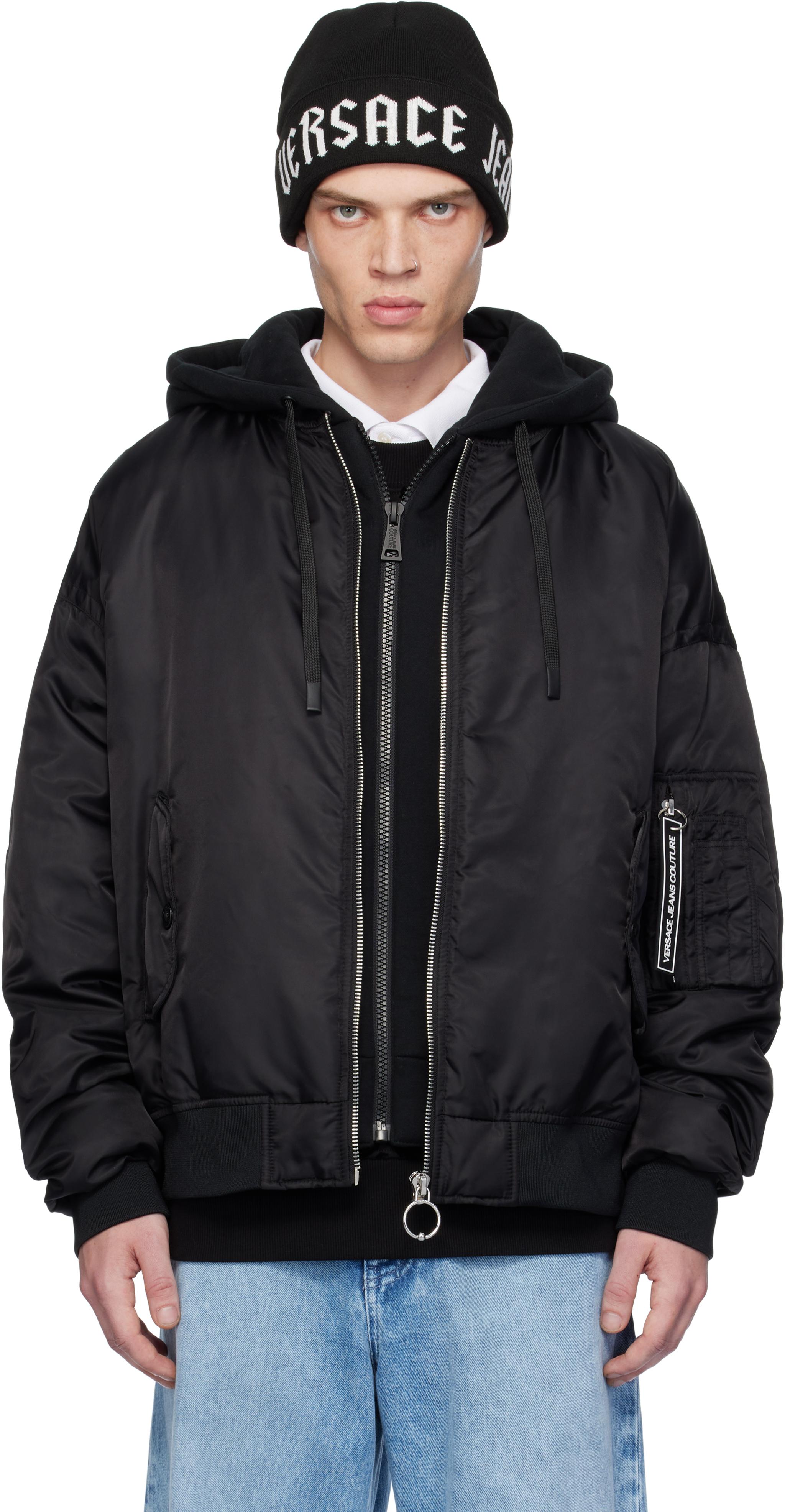 Versace Jeans Couture メンズ ブラック ロゴ ダウン ボンバー 