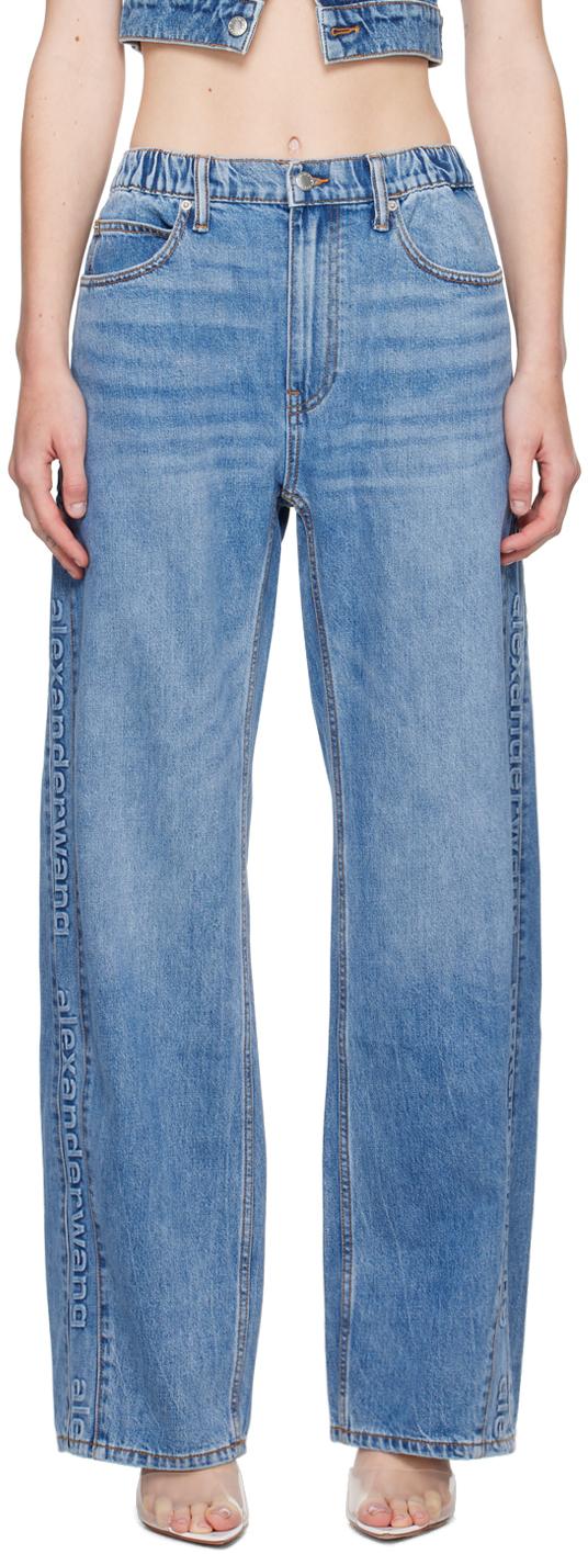 デニム・ジーパン Alexander Wang Mesh Back Balloon Jeans With Logo Logo-Embossed Balloon Jeans in VINTAGE LIGHT INDIGO
