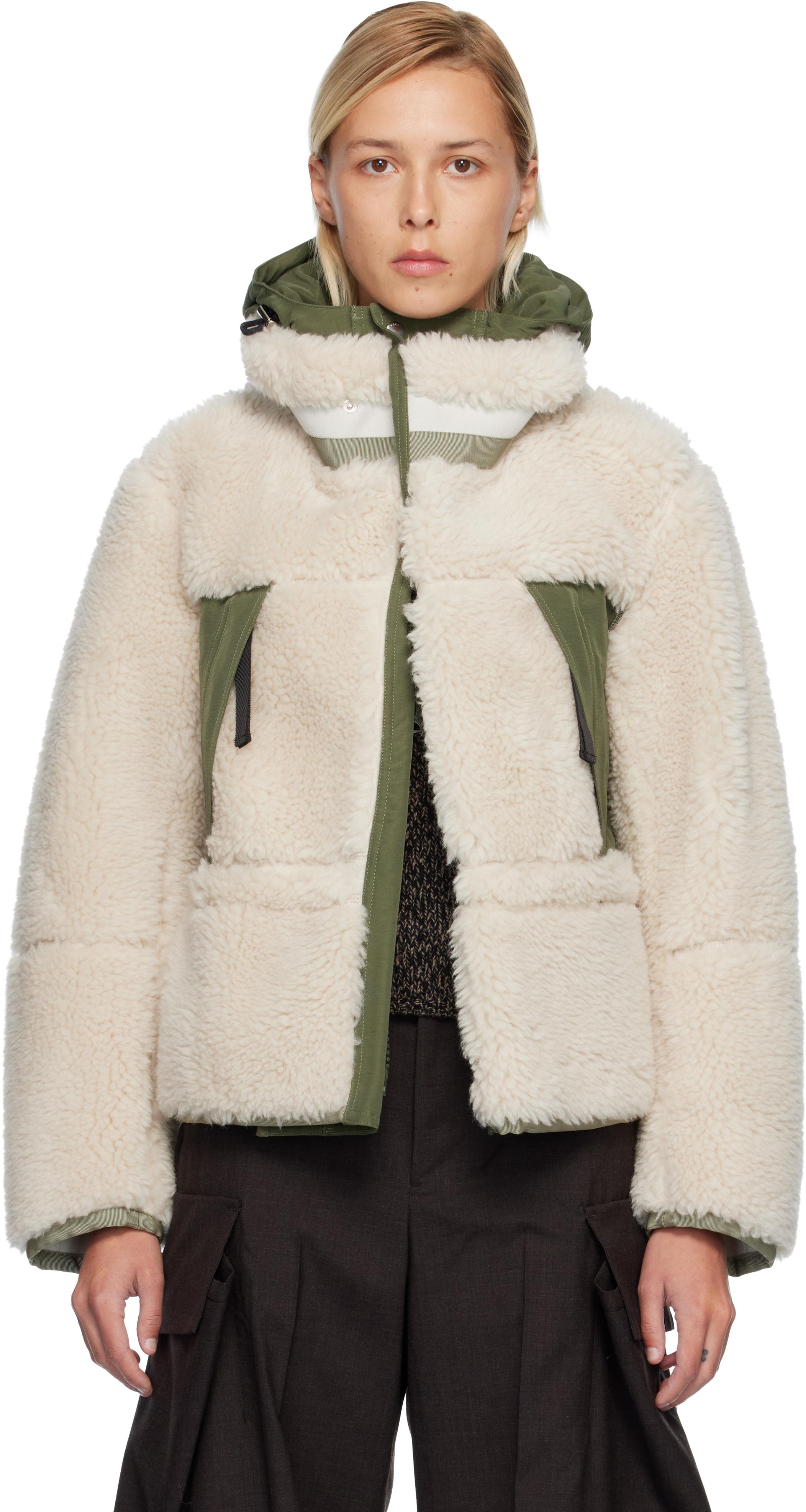 Sacai Off- & Khaki Faux Shearling & Grosgrain Blouson Jacket in 
