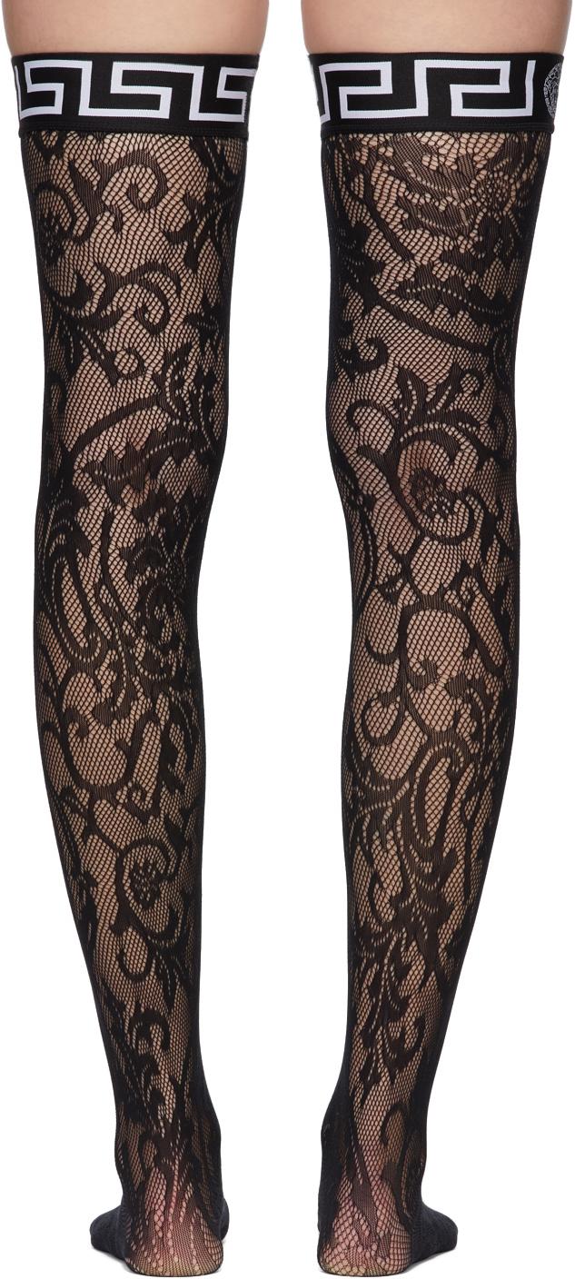 Versace Black Lace Greca Border Stockings | Lyst