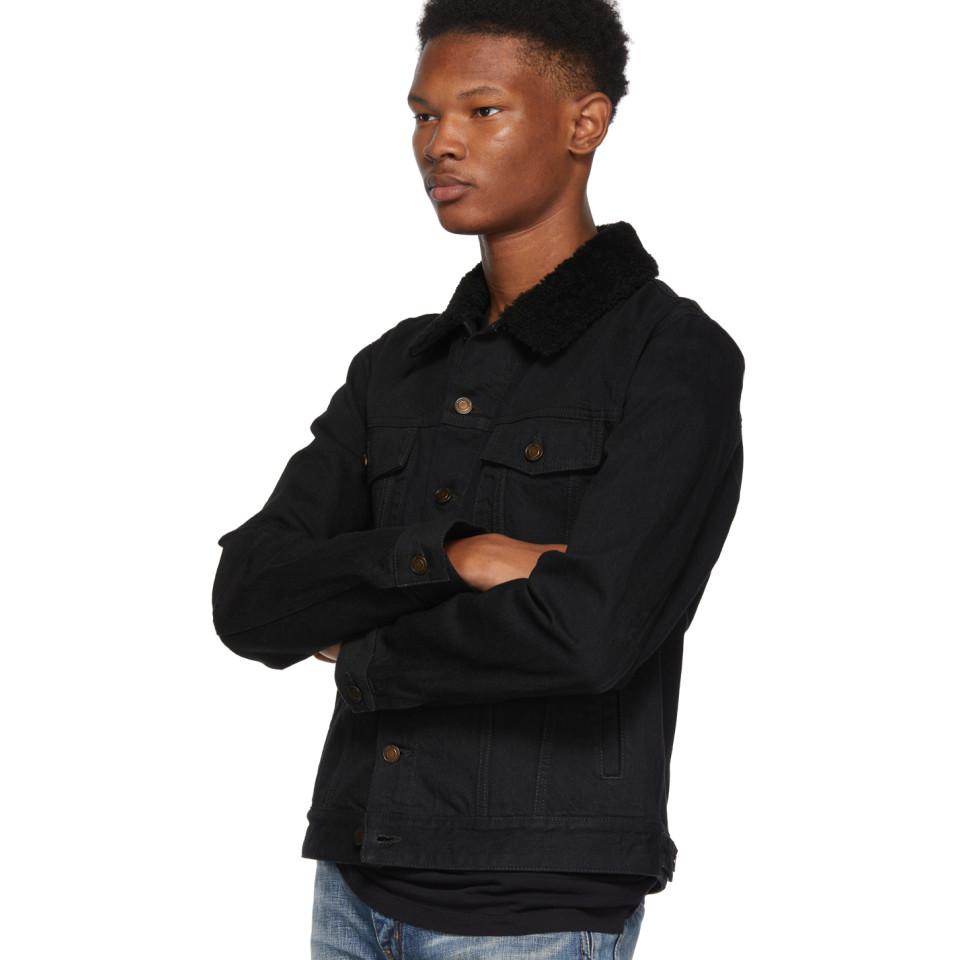 Black Shearling Denim Jacket for Men 