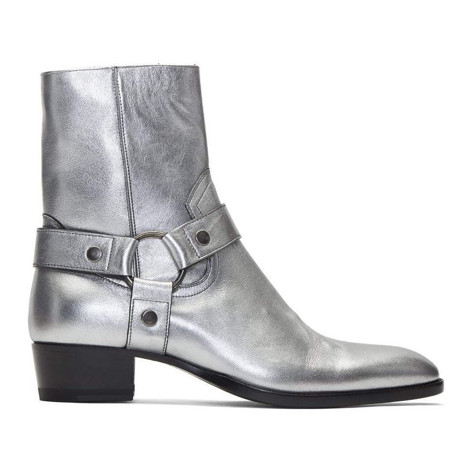 Saint Laurent Silver Wyatt Harness Boots for Men | Lyst