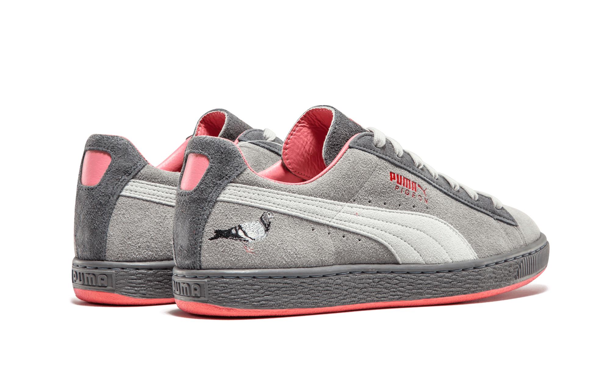 grey and pink puma suedes