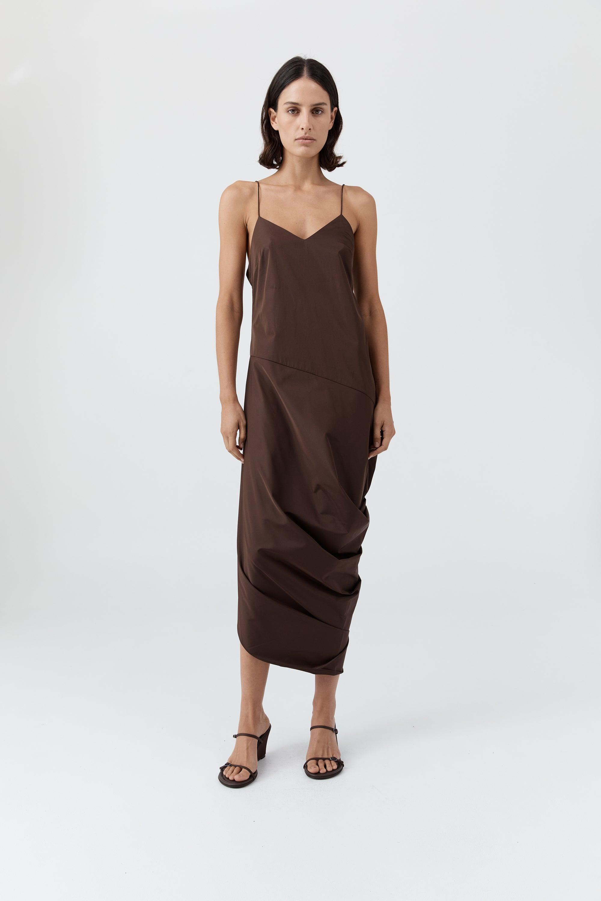 st agni brown dress St. Agni Strapless Rouleau Dress
