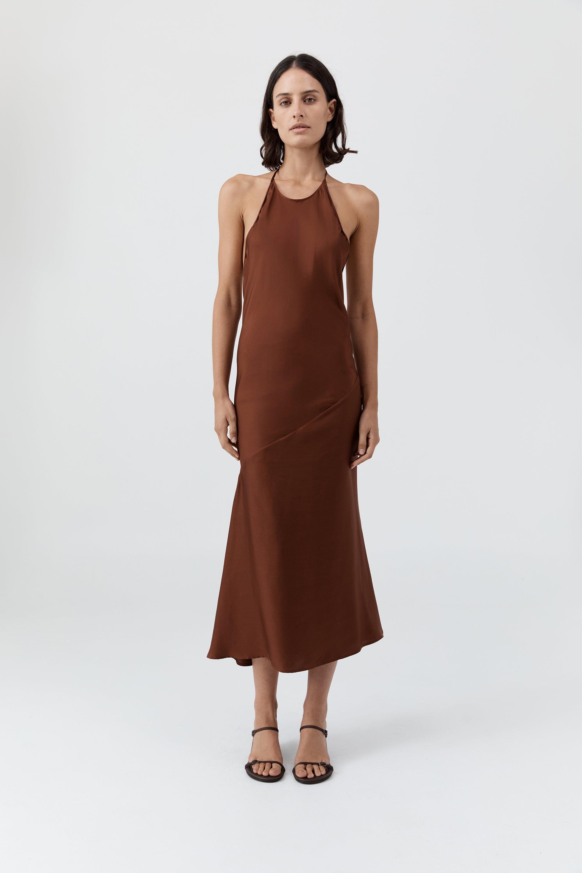 St. Agni Silk Twill Halter Dress in Brown | Lyst UK